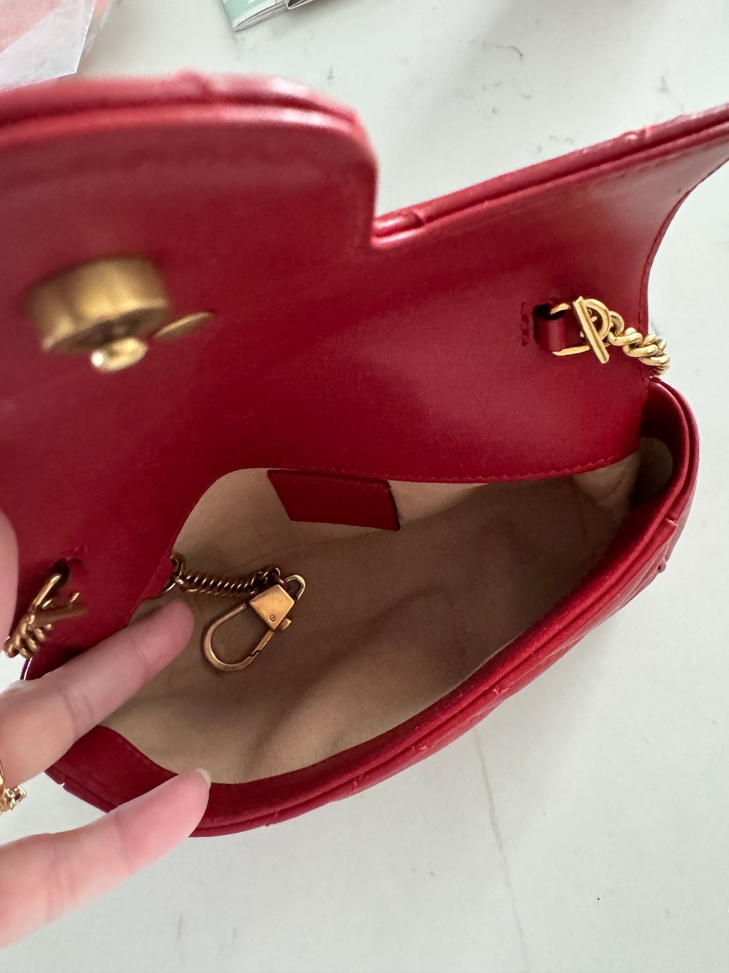 GUCCI Red Super Mini Marmont Matelasse Shoulder Bag with Brushed Gold Hardware (Pre-Loved)