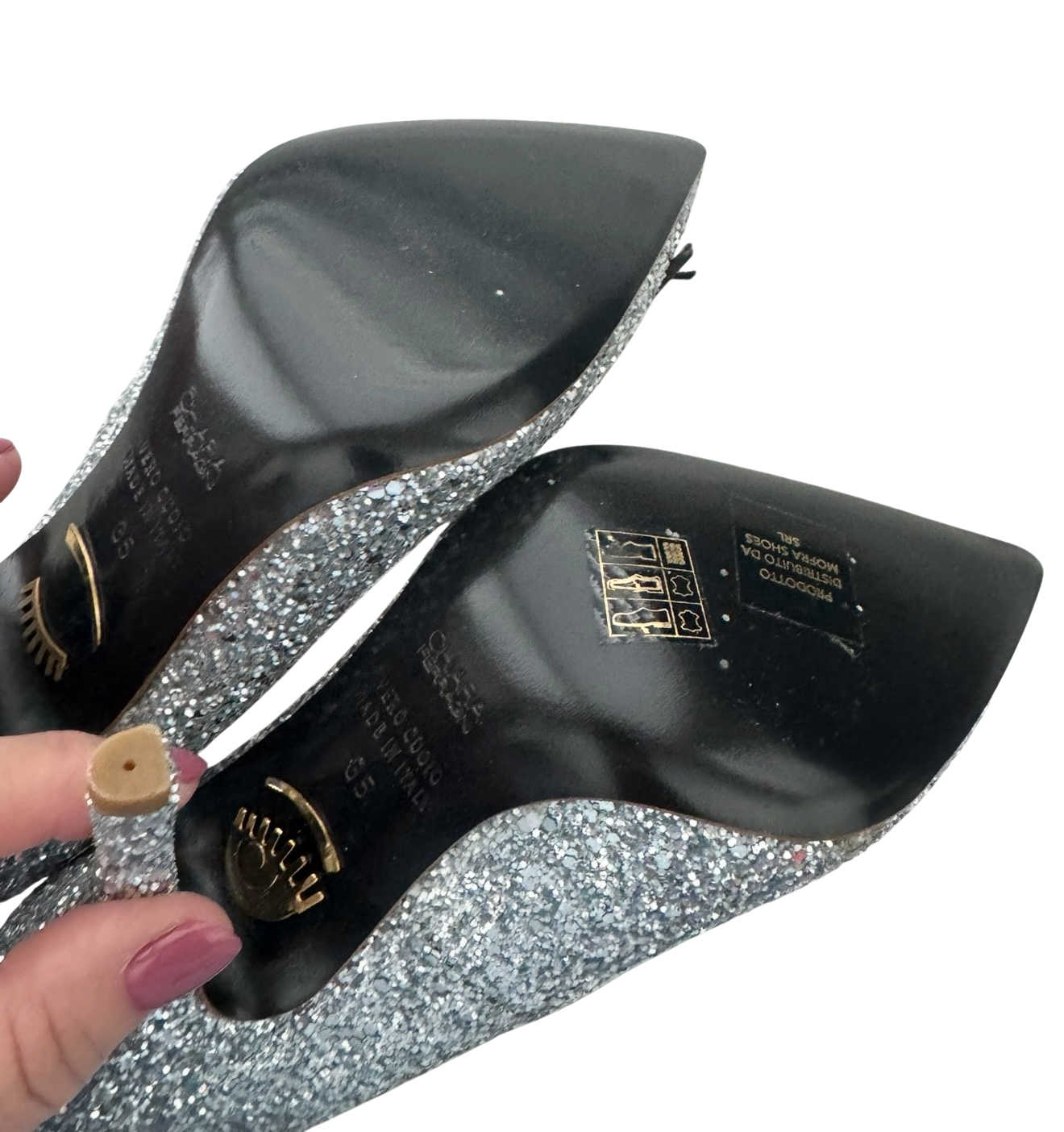 Chiara Ferragni Silver Glitter Wink Eye Pointed Toe Pumps Heels | NIB | Size 35 | Made in Italy