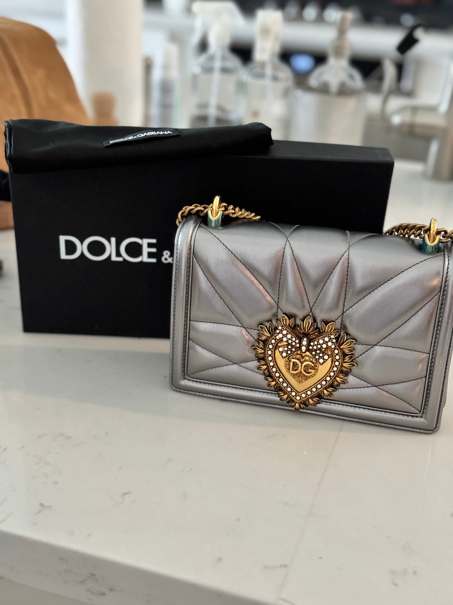 DOLCE & GABBANA Medium Devotion Cross-Body Bag in Metallic Grey (New Full Set)