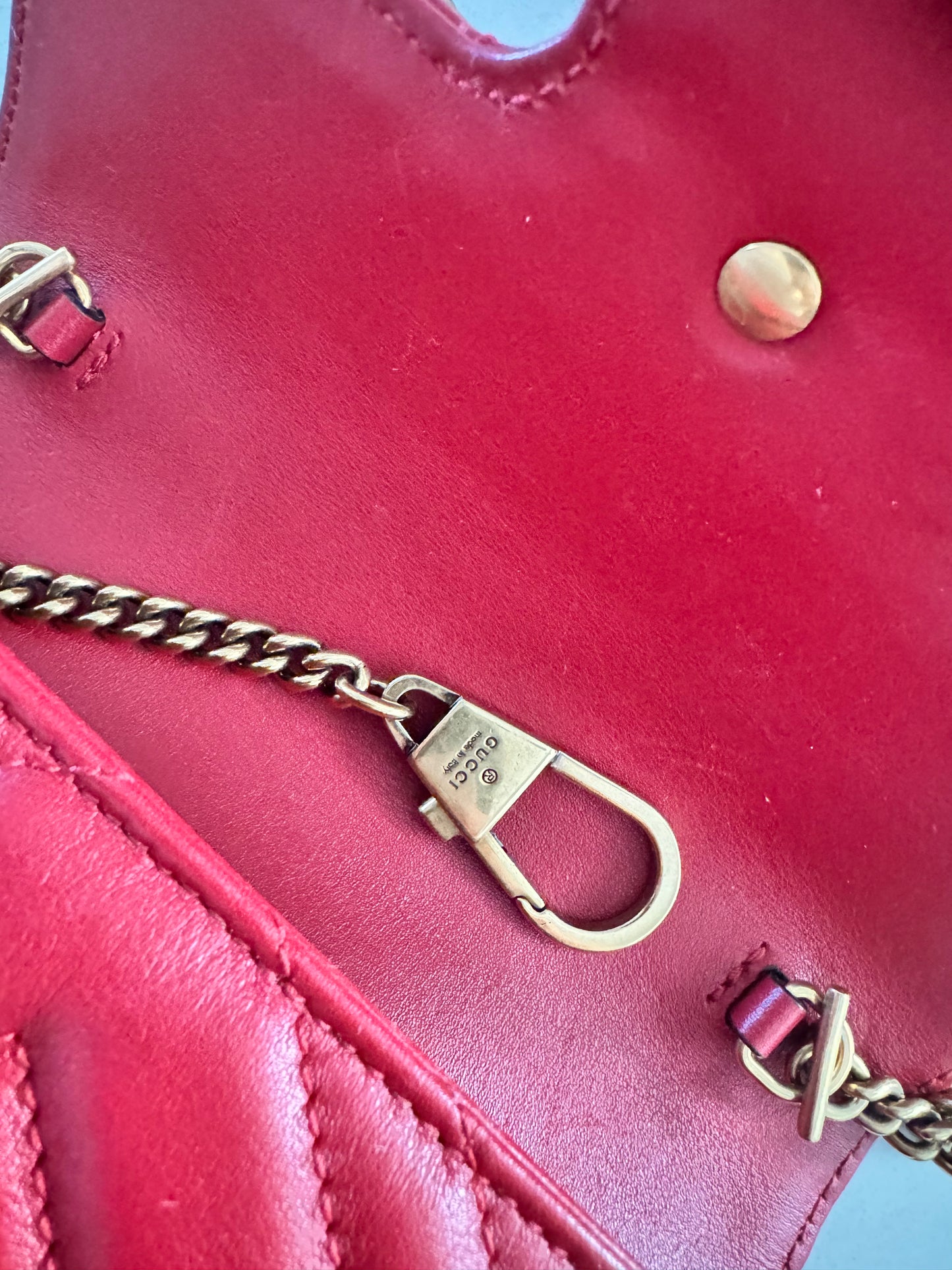 GUCCI Red Super Mini Marmont Matelasse Shoulder Bag with Brushed Gold Hardware (Pre-Loved)