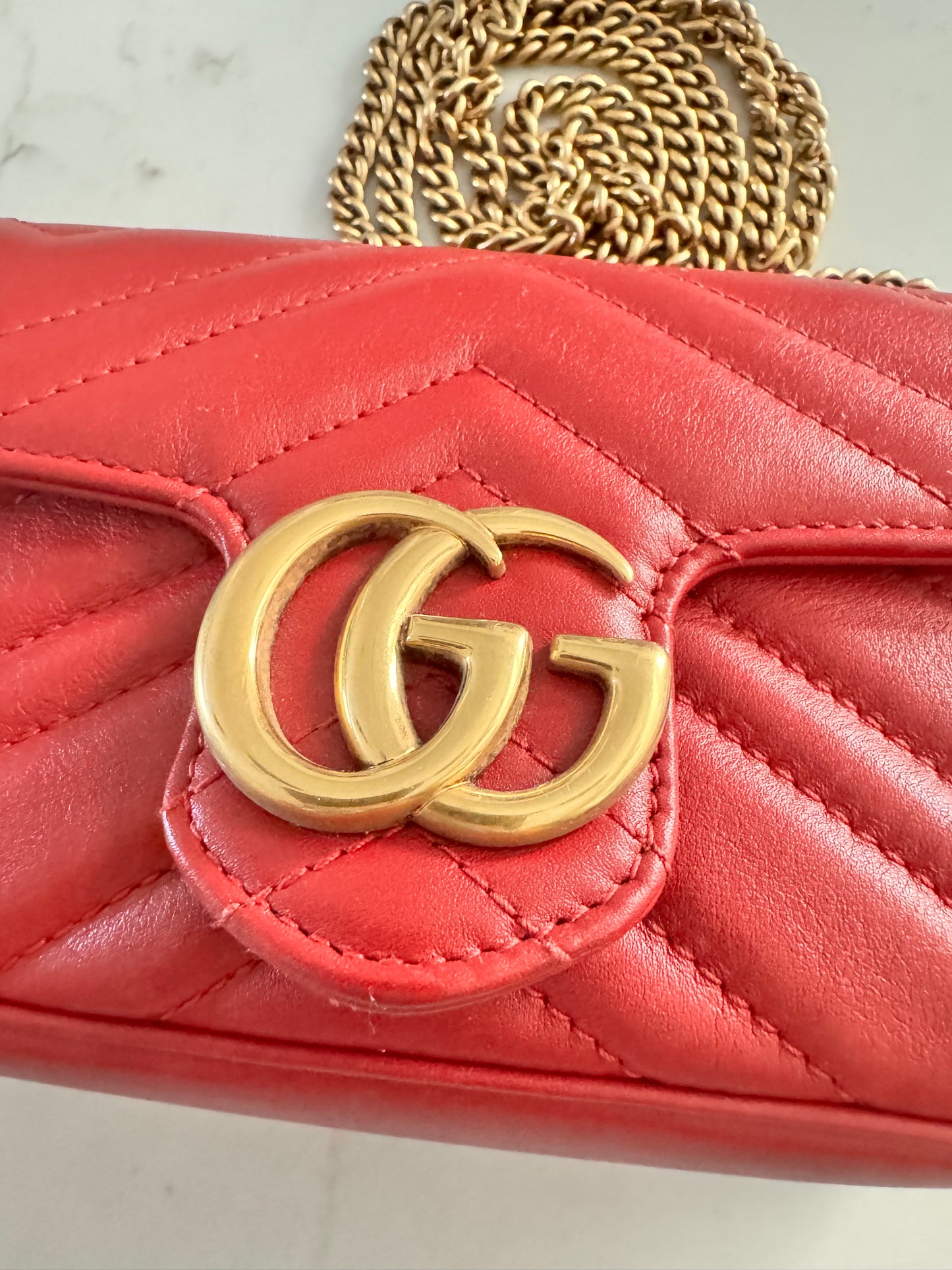 GUCCI Red Super Mini Marmont Matelasse Shoulder Bag with Brushed Gold Hardware (Pre-Loved)