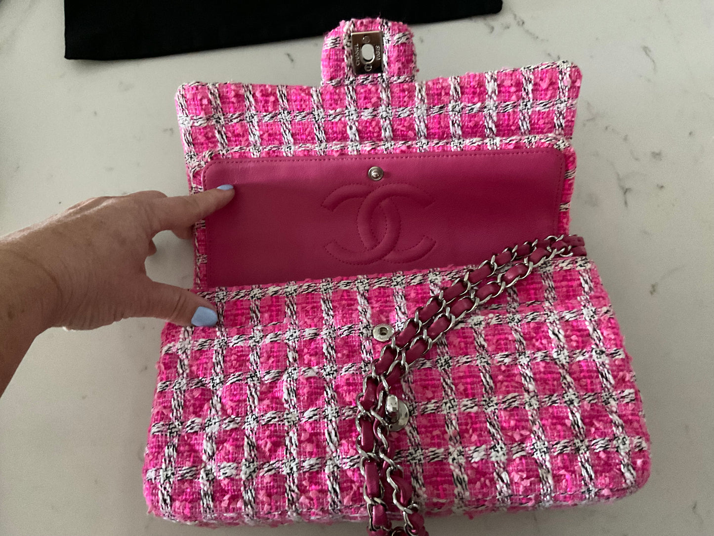 CHANEL Medium Double Flap Pink/Black/White Tweed (Pre-Loved)