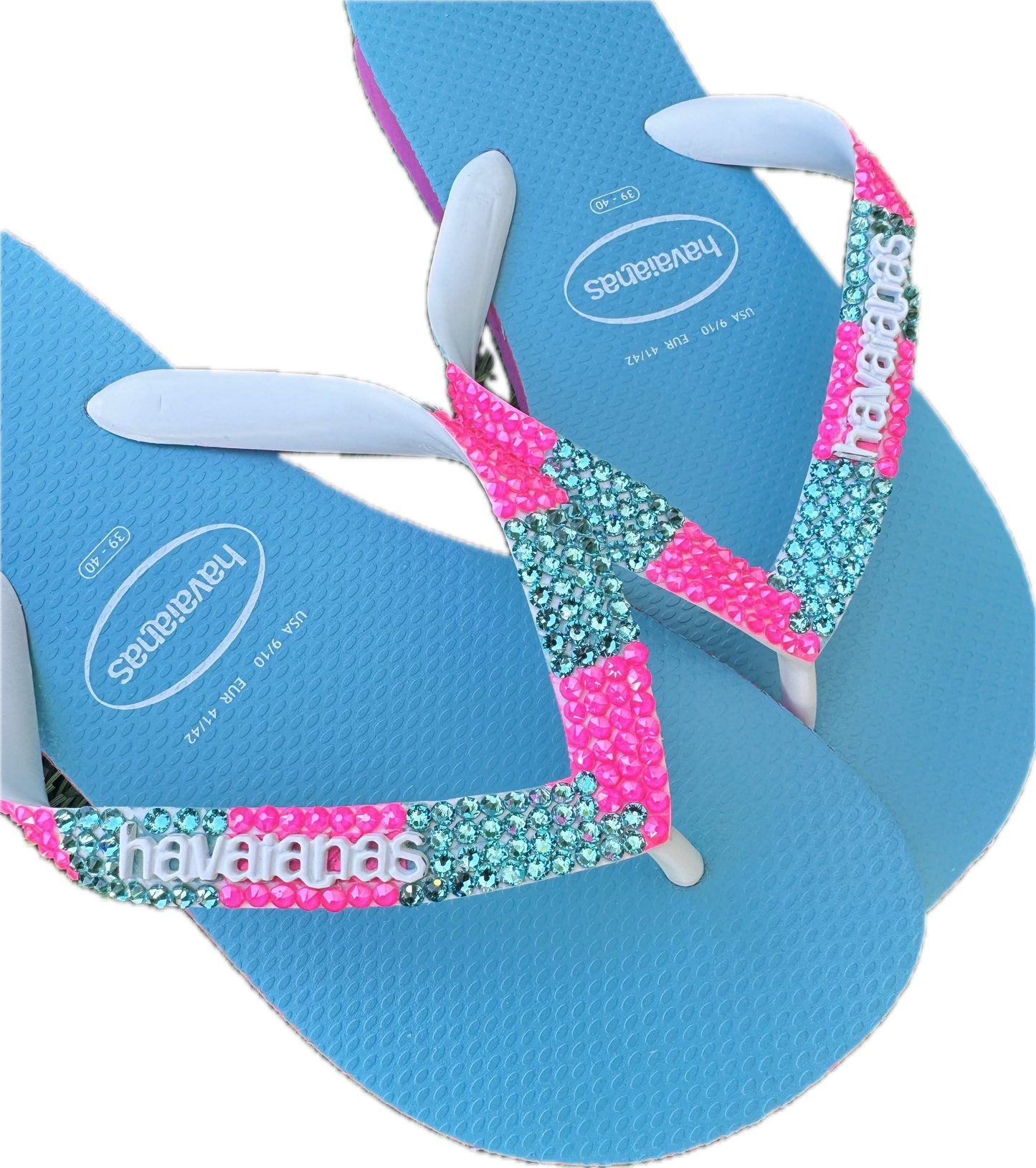 Top Turquoise & Pink Flip Flops | Electric Pink & Light Turquoise Crystals