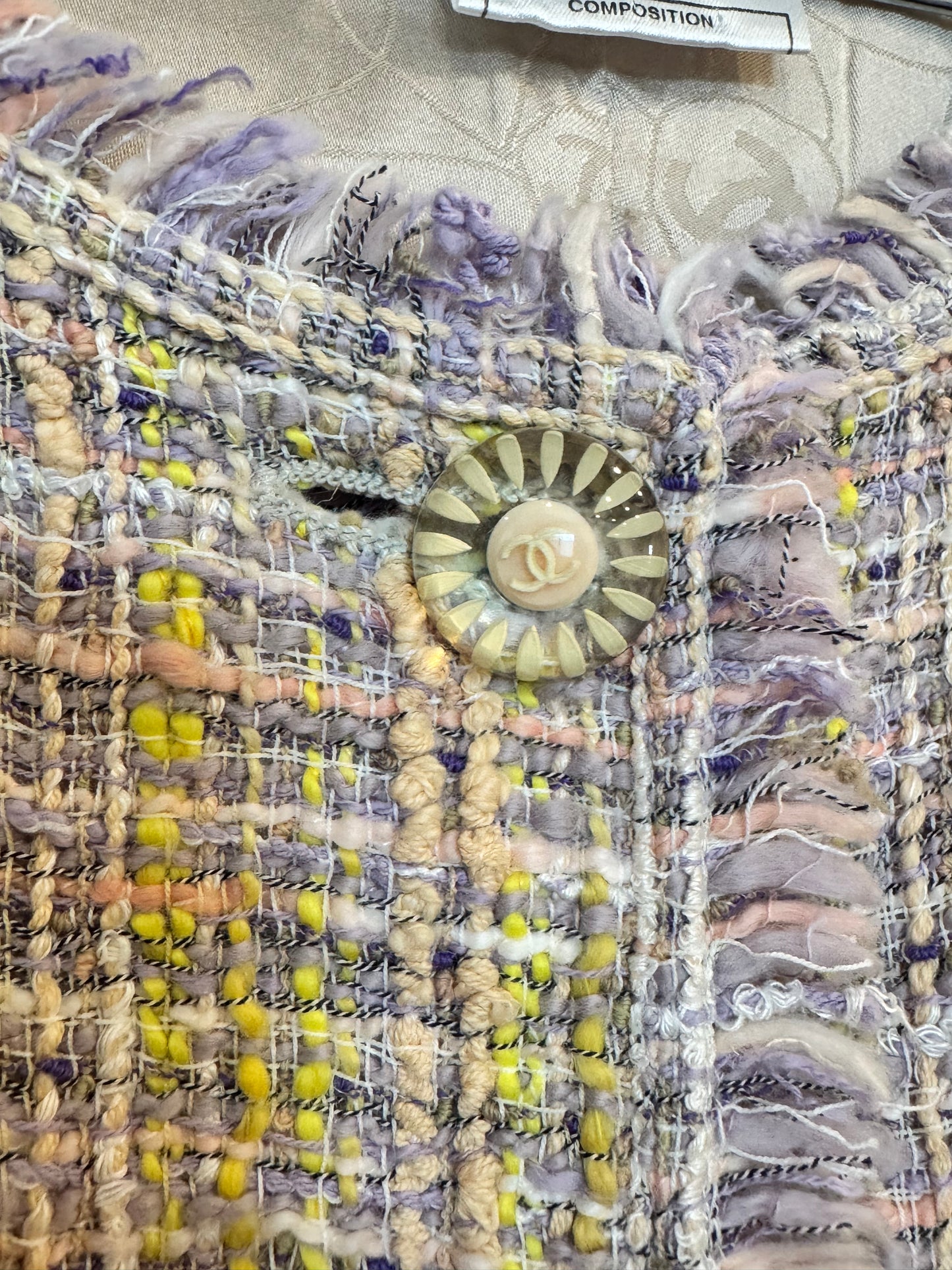 CHANEL 2004 TWEED Pastel Jacket w/ Lavendar Fringe Size: 46