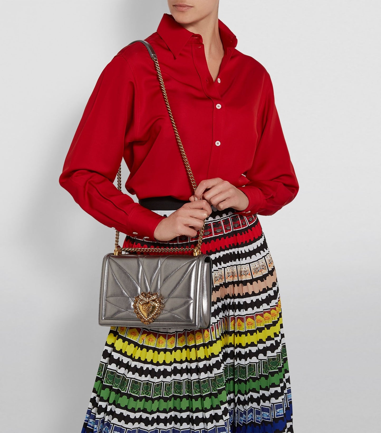 DOLCE & GABBANA Medium Devotion Cross-Body Bag in Metallic Grey (New Full Set)