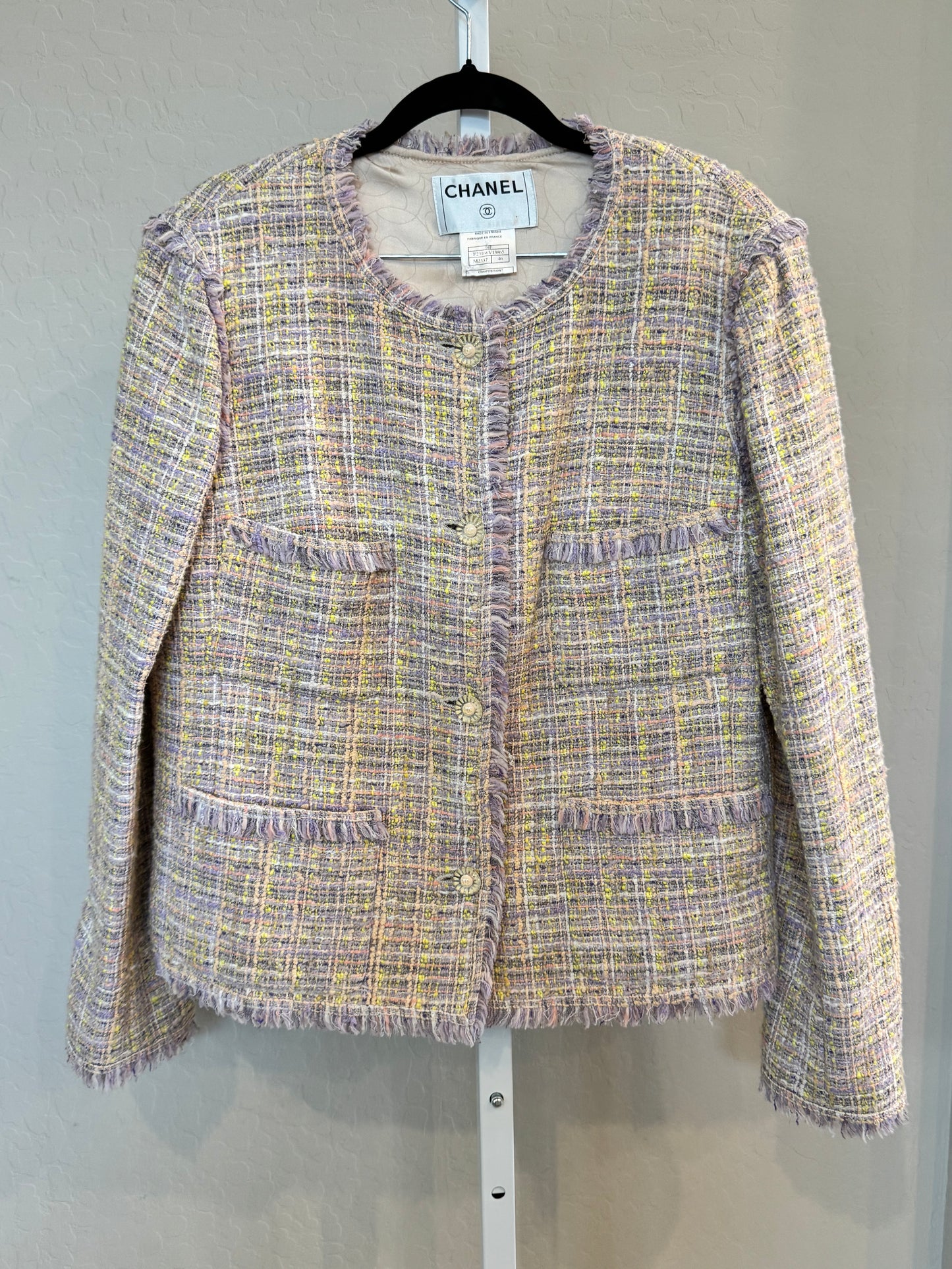 CHANEL 2004 TWEED Pastel Jacket w/ Lavendar Fringe Size: 46