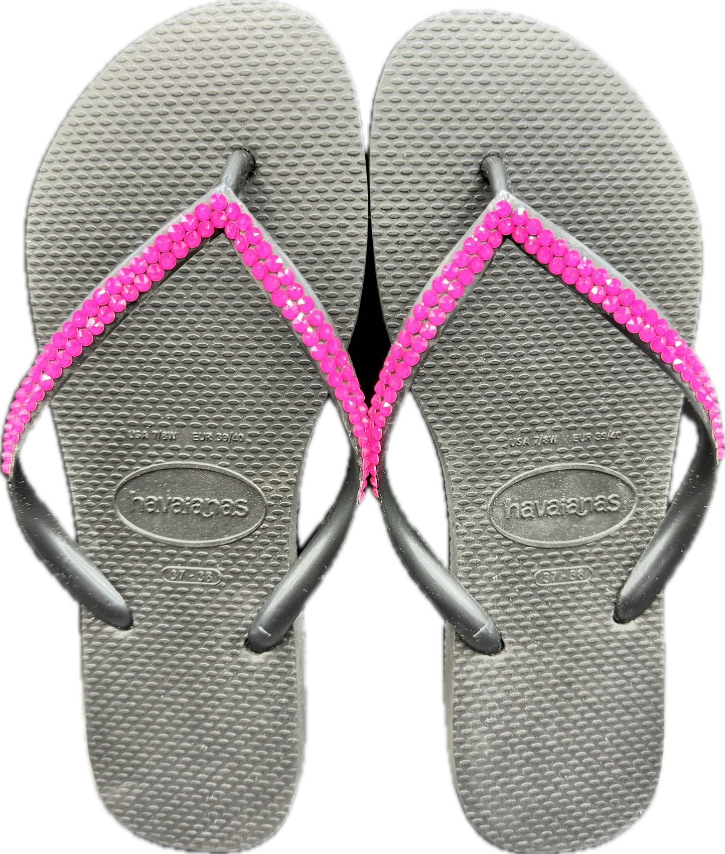 Slim Black Flip Flops | Electric Pink Crystals