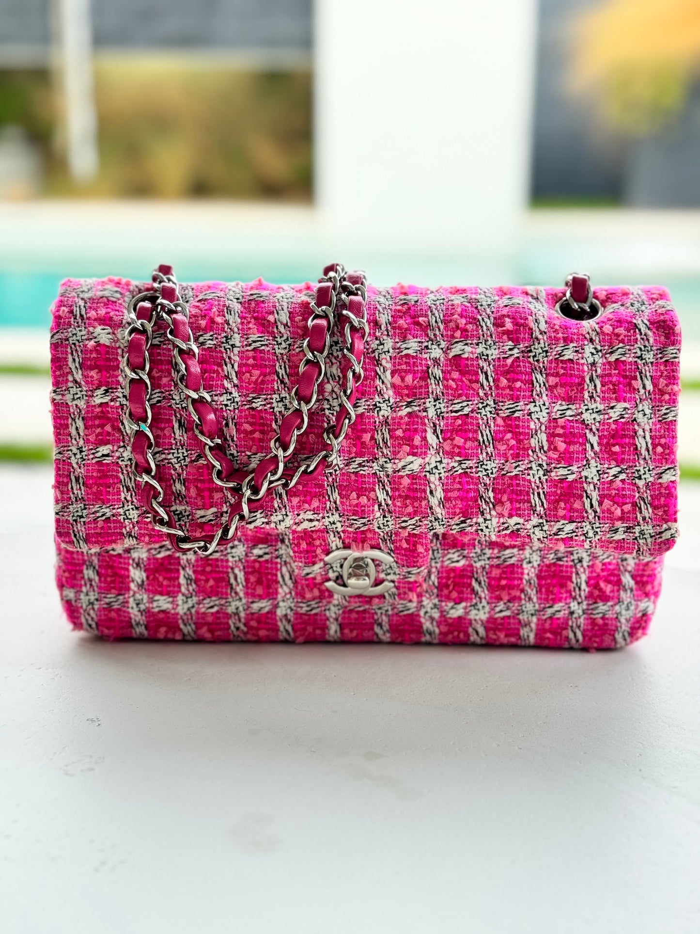 CHANEL Medium Double Flap Pink/Black/White Tweed (Pre-Loved)