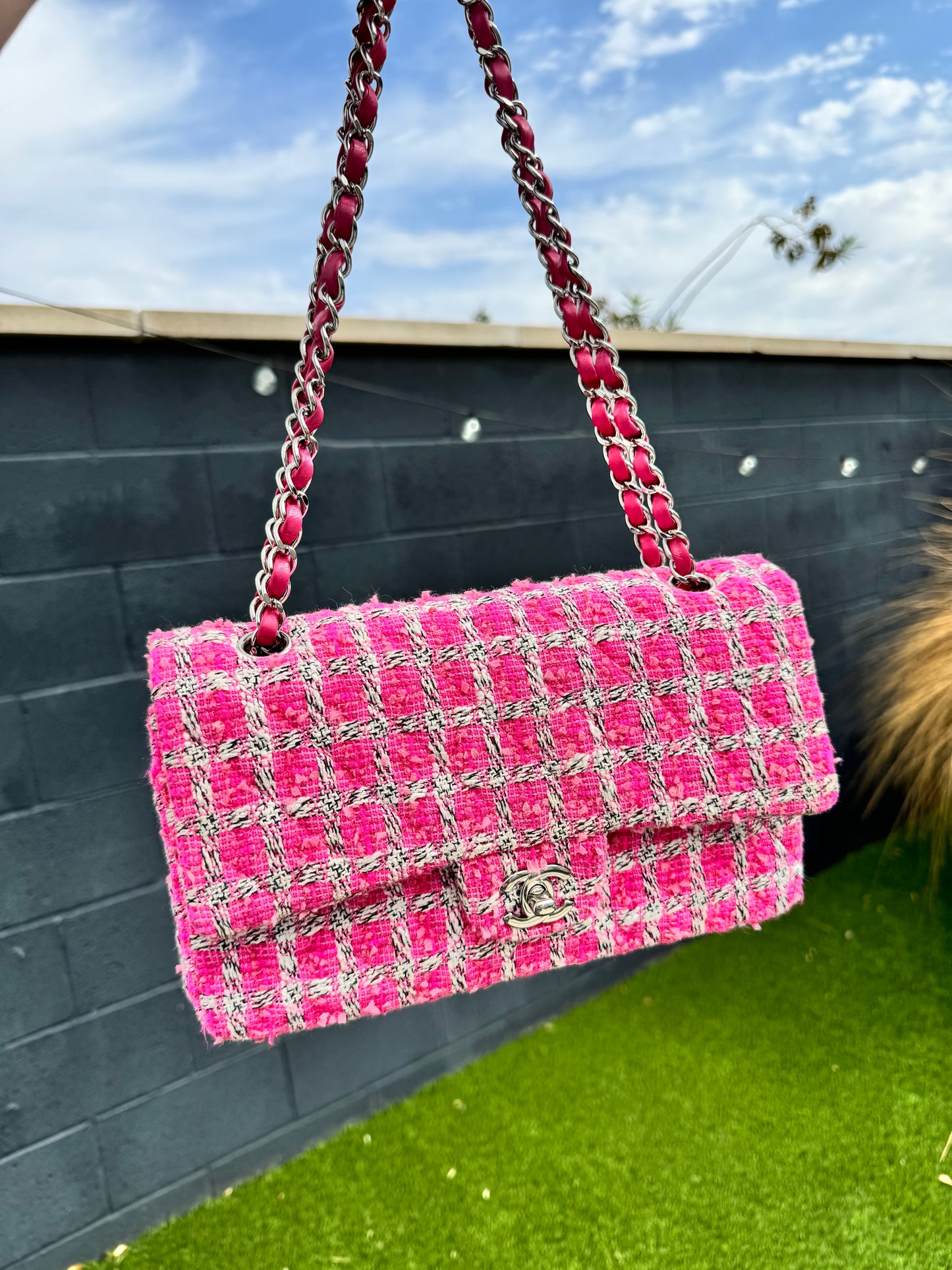 CHANEL Medium Double Flap Pink/Black/White Tweed (Pre-Loved)