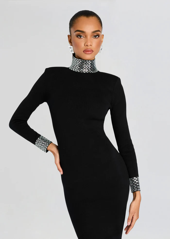 Retrofête Crystal Embellished Mock Neck Maxi Dress – Black | NWT Size Medium