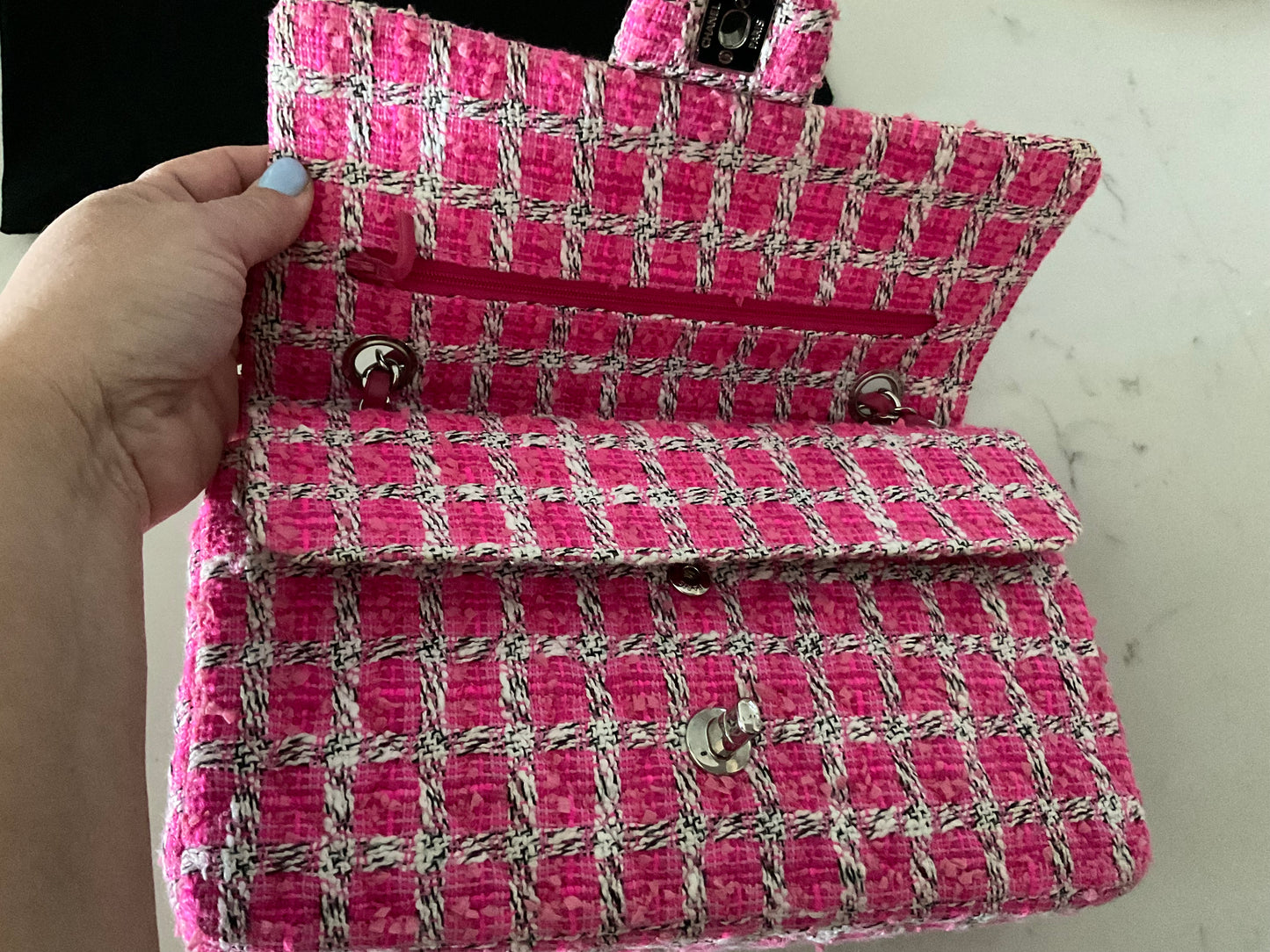CHANEL Medium Double Flap Pink/Black/White Tweed (Pre-Loved)