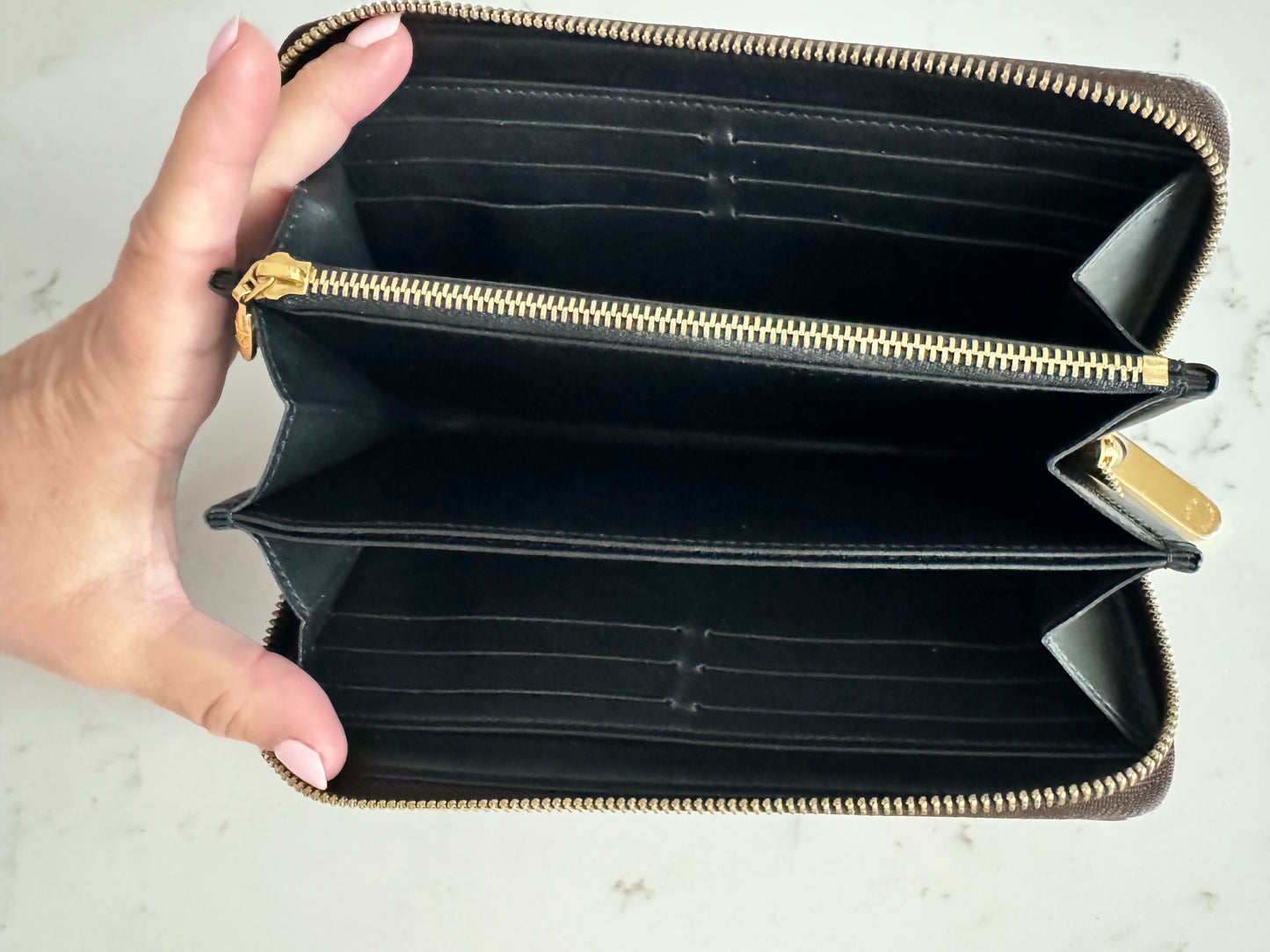 LOUIS VUITTON Time Trunk Damier Ebene Zippy Wallet Gold Hardware...SUPER RARE! (Pre-Loved)