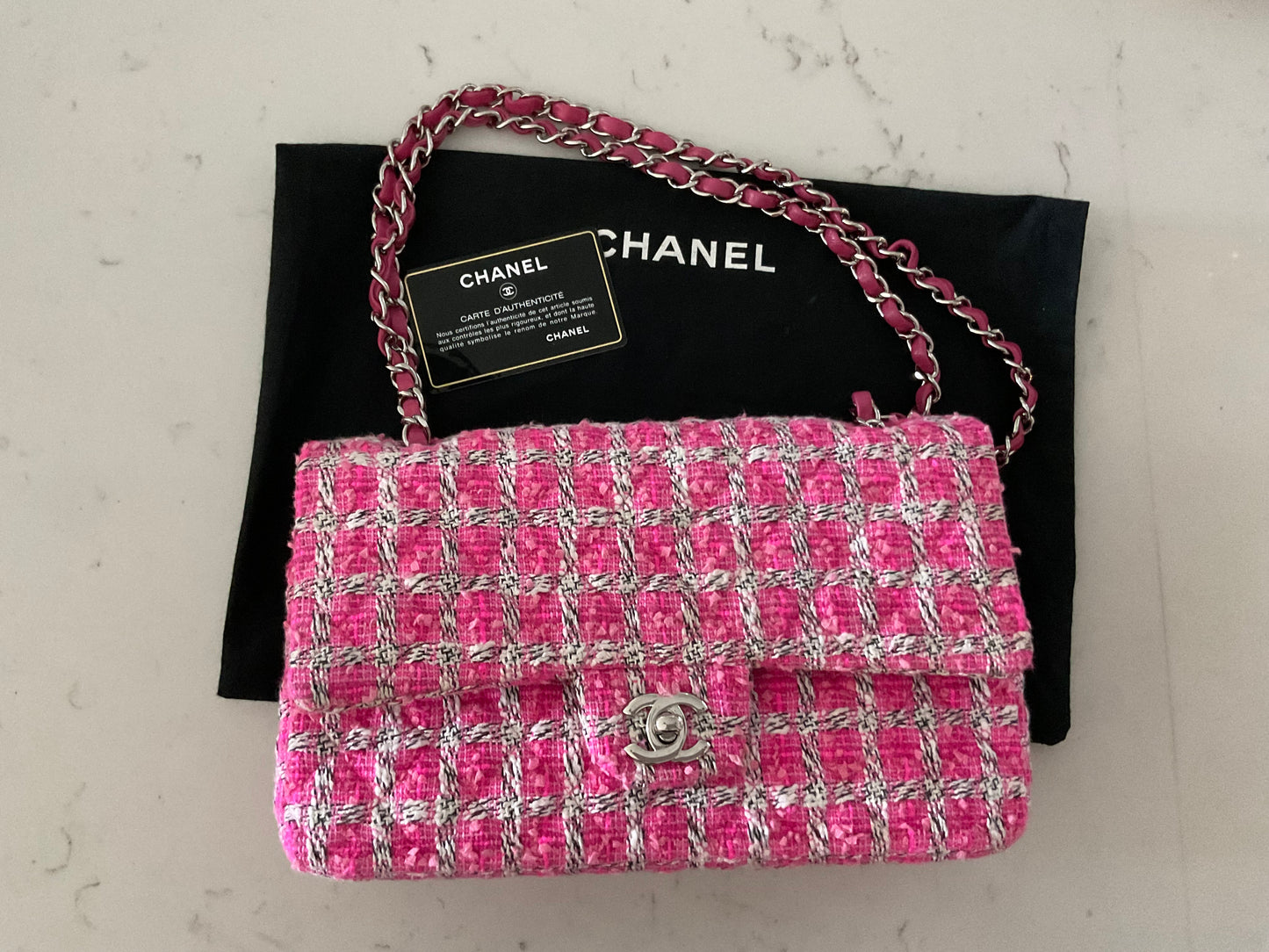 CHANEL Medium Double Flap Pink/Black/White Tweed (Pre-Loved)