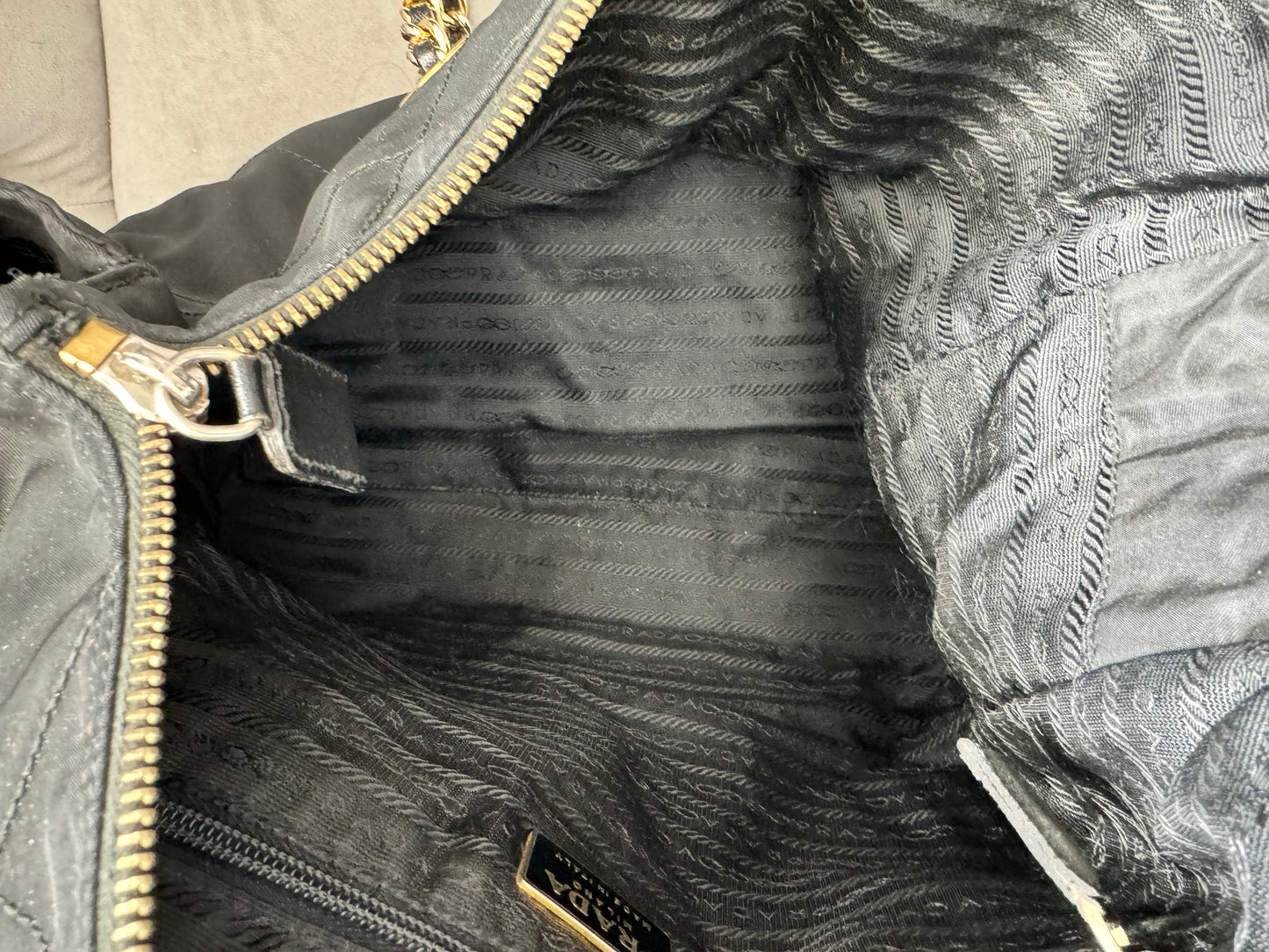 PRADA Black Nylon Tessuto Chain Shoulder Bag with Gold Hardware (Pre-Loved)