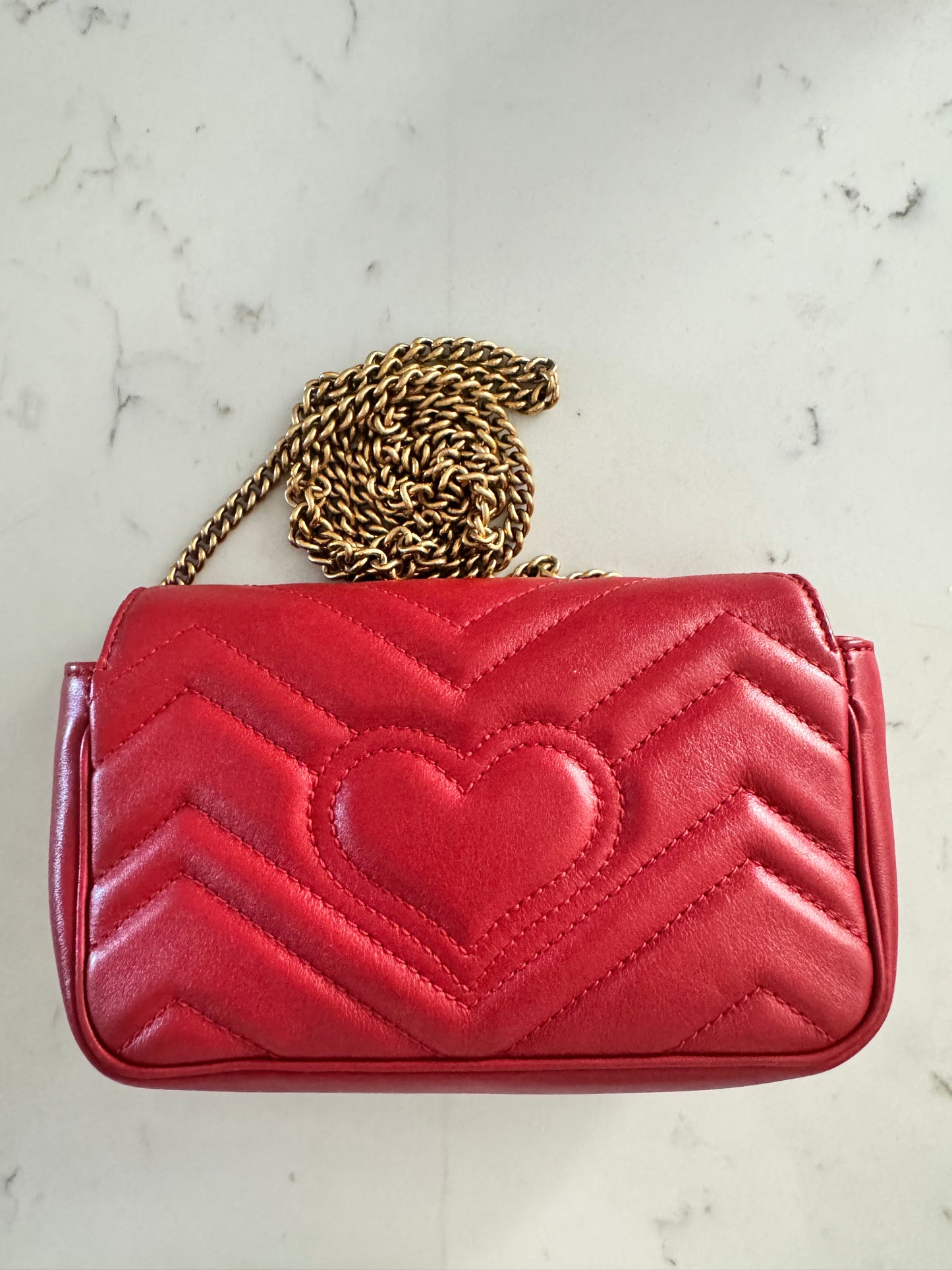 GUCCI Red Super Mini Marmont Matelasse Shoulder Bag with Brushed Gold Hardware (Pre-Loved)