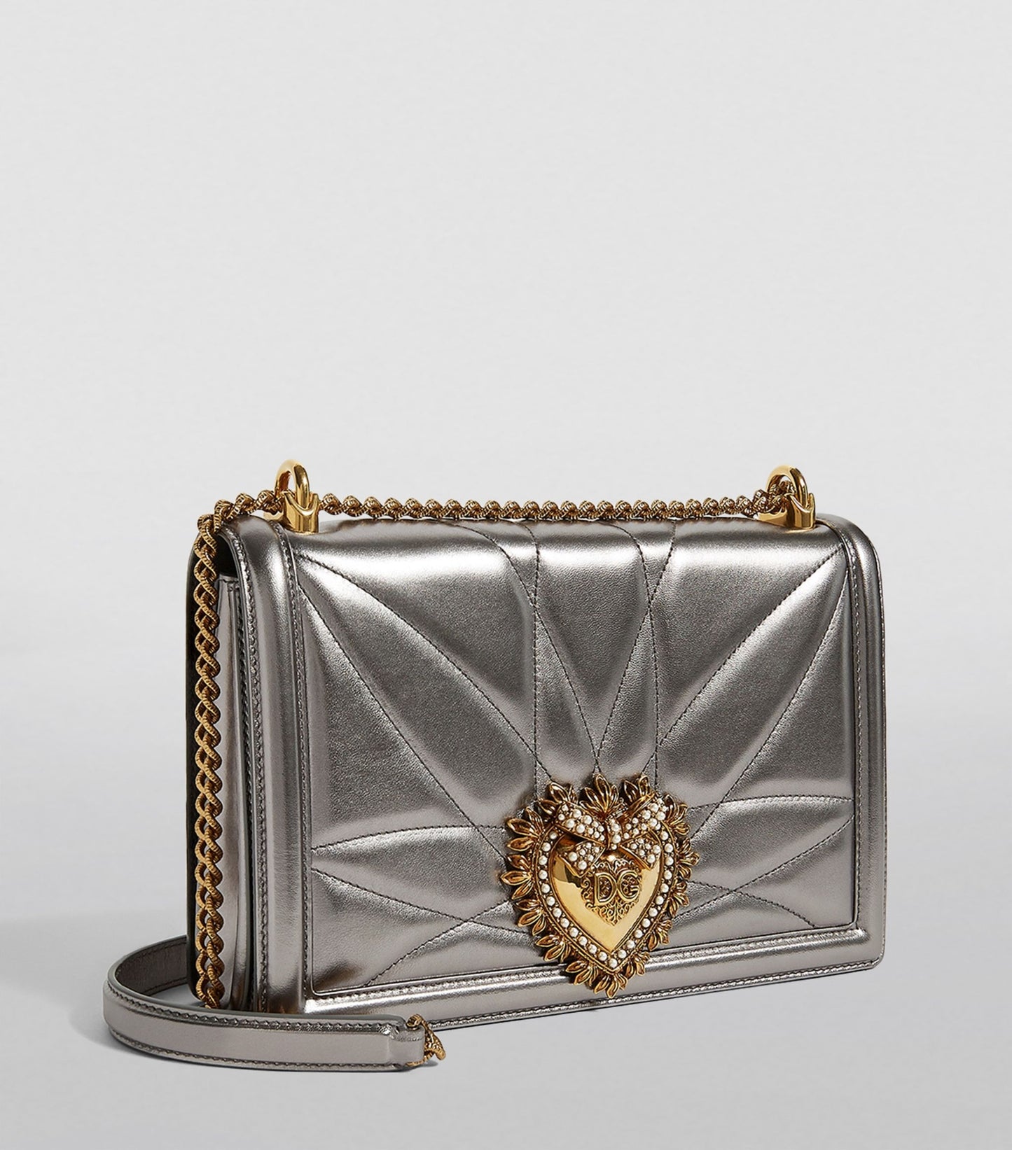 DOLCE & GABBANA Medium Devotion Cross-Body Bag in Metallic Grey (New Full Set)