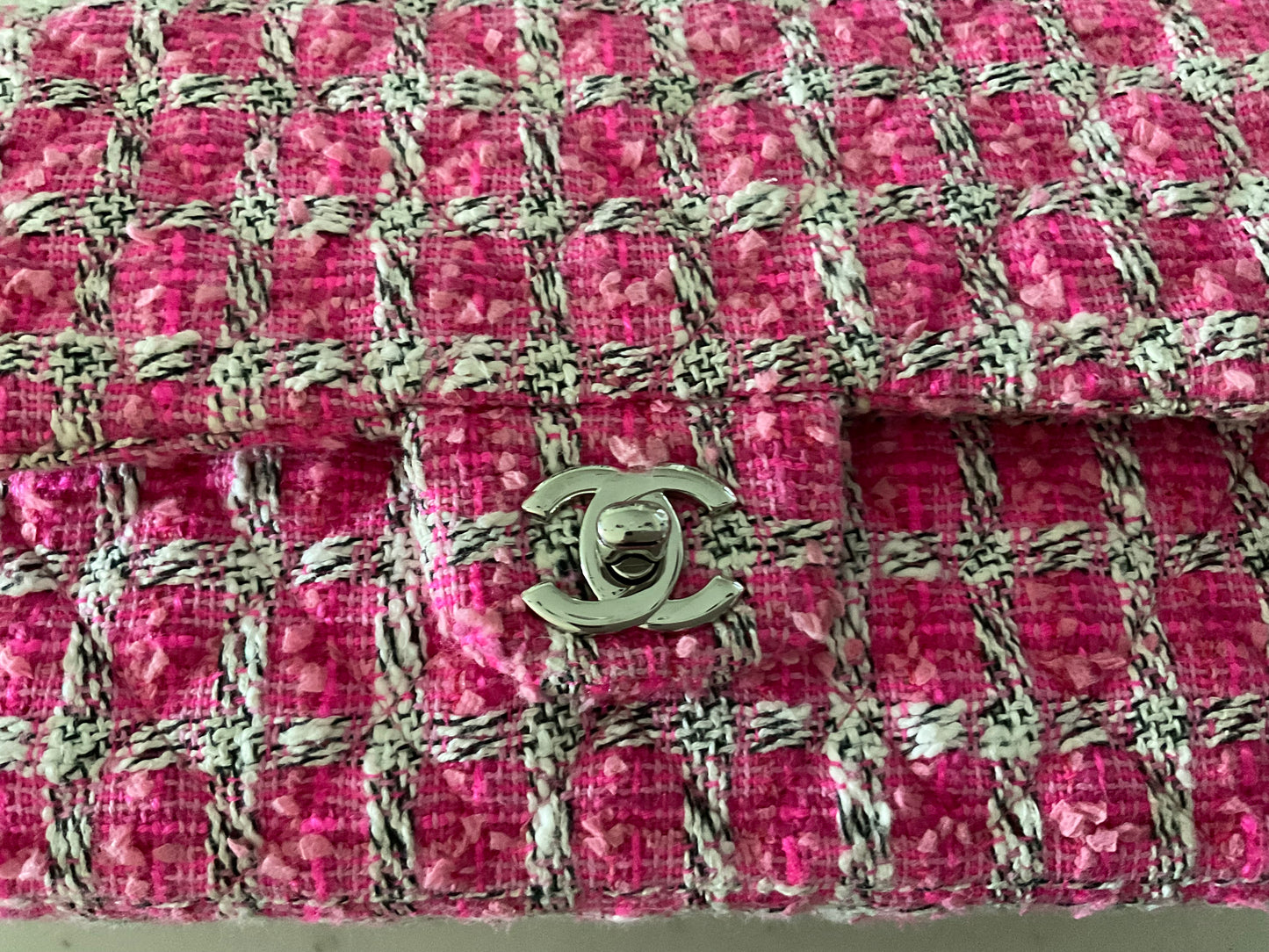 CHANEL Medium Double Flap Pink/Black/White Tweed (Pre-Loved)