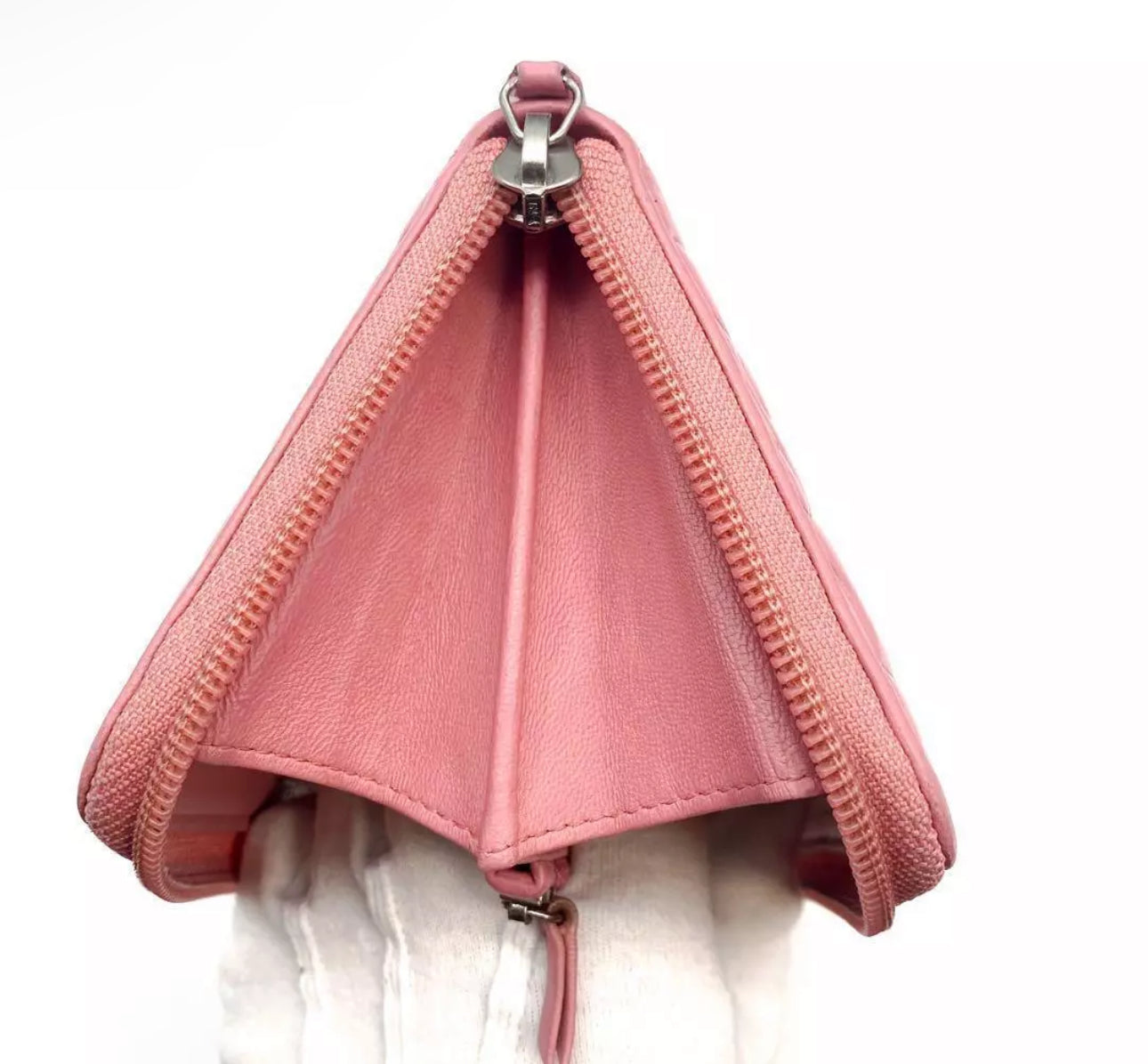 CHANEL Pink Lambskin Zip Around Camelia Wallet