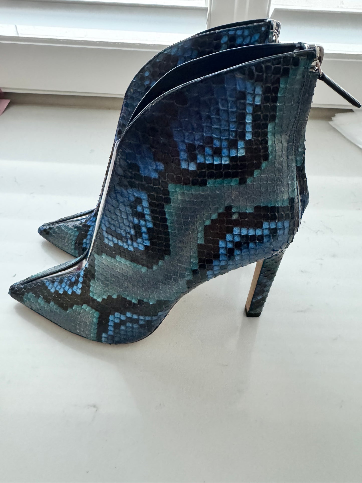 JIMMY CHOO Bowie 100 Python Booties with Plexi Insert Size: 37 (New)