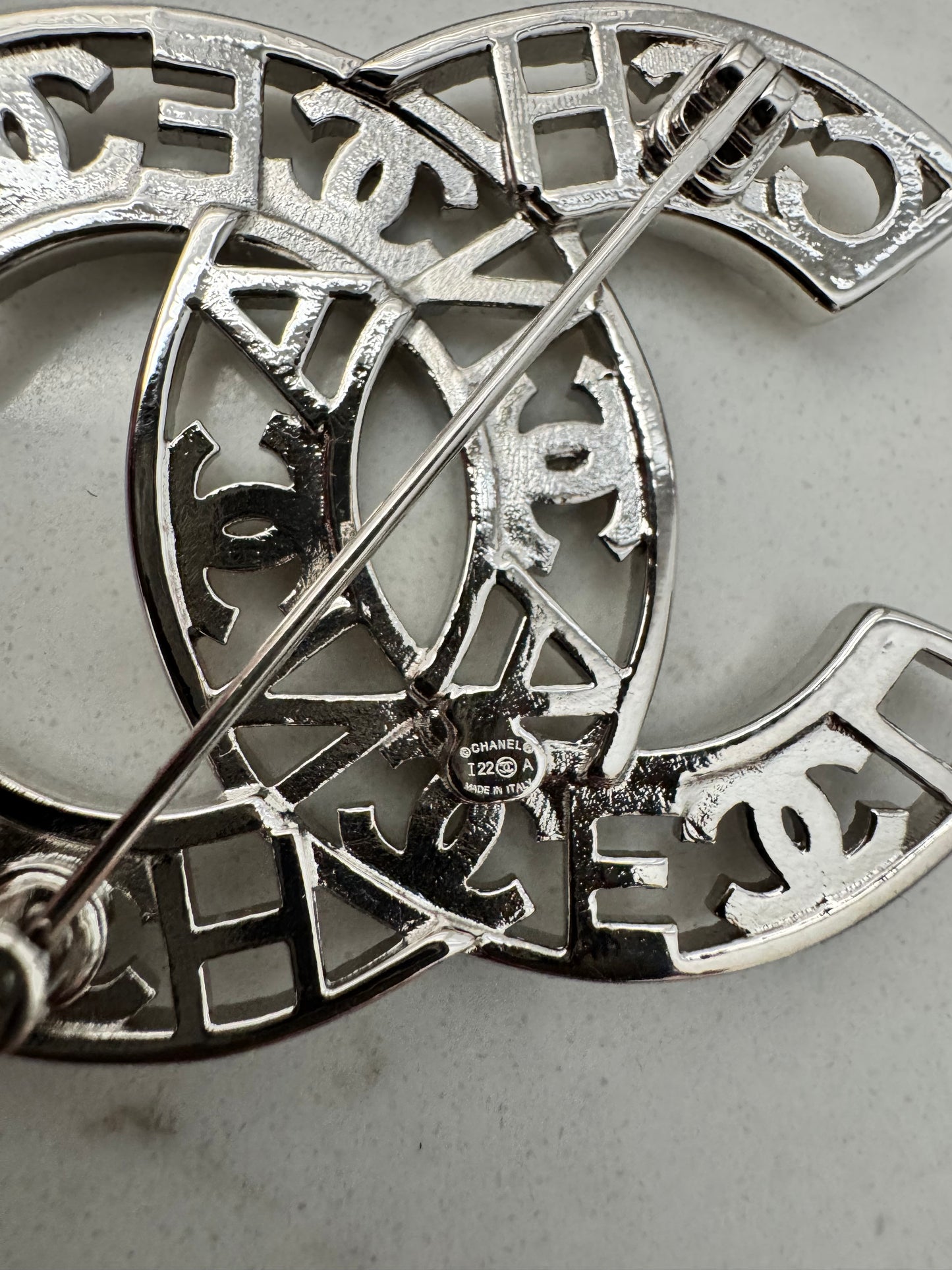 CHANEL Crystal Coco CC Logo Brooch Silver 22A