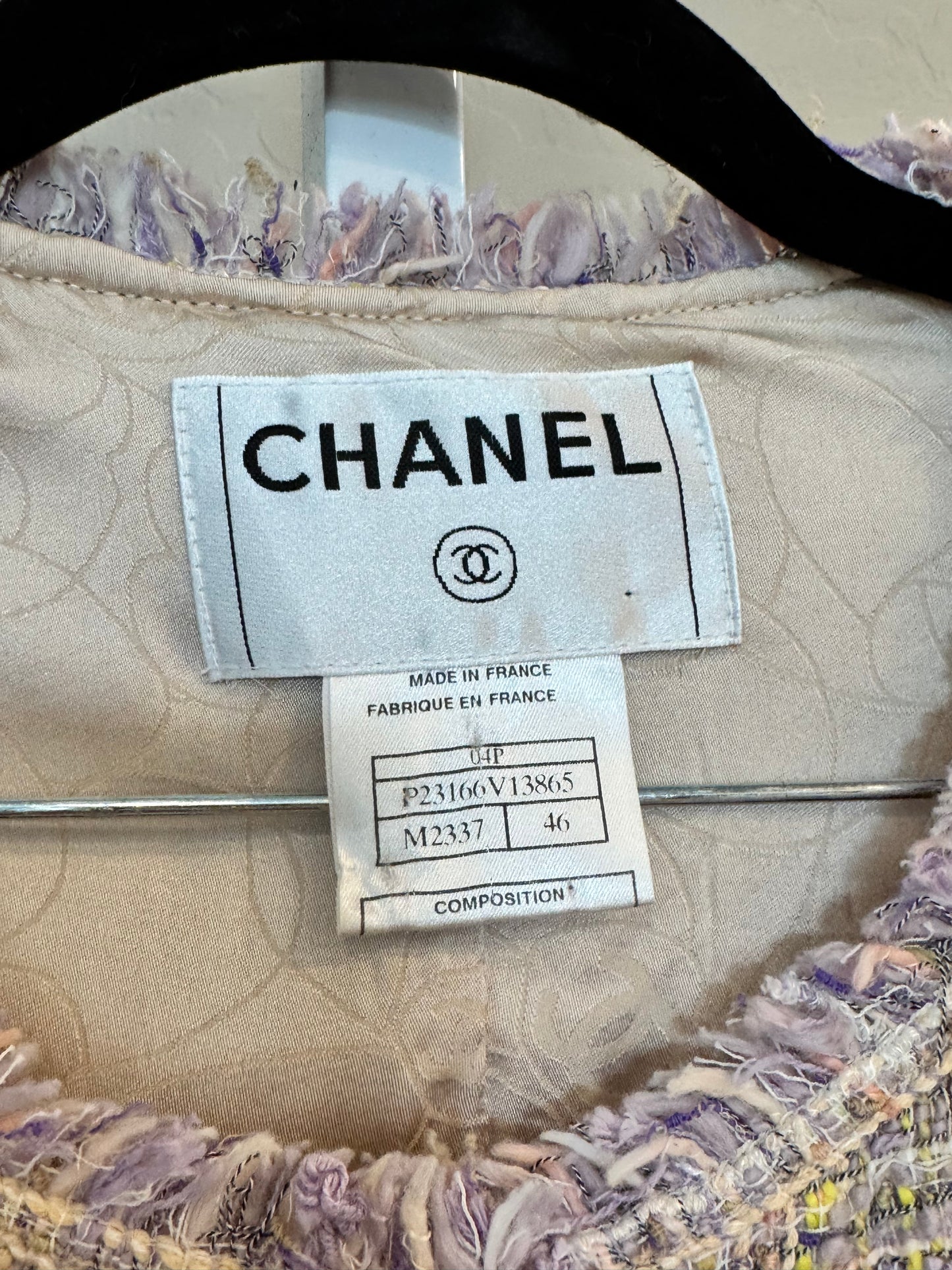 CHANEL 2004 TWEED Pastel Jacket w/ Lavendar Fringe Size: 46