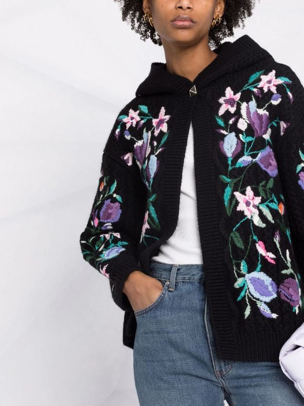 Valentino Floral-Embroidered Hooded Cardigan (New) Size: M