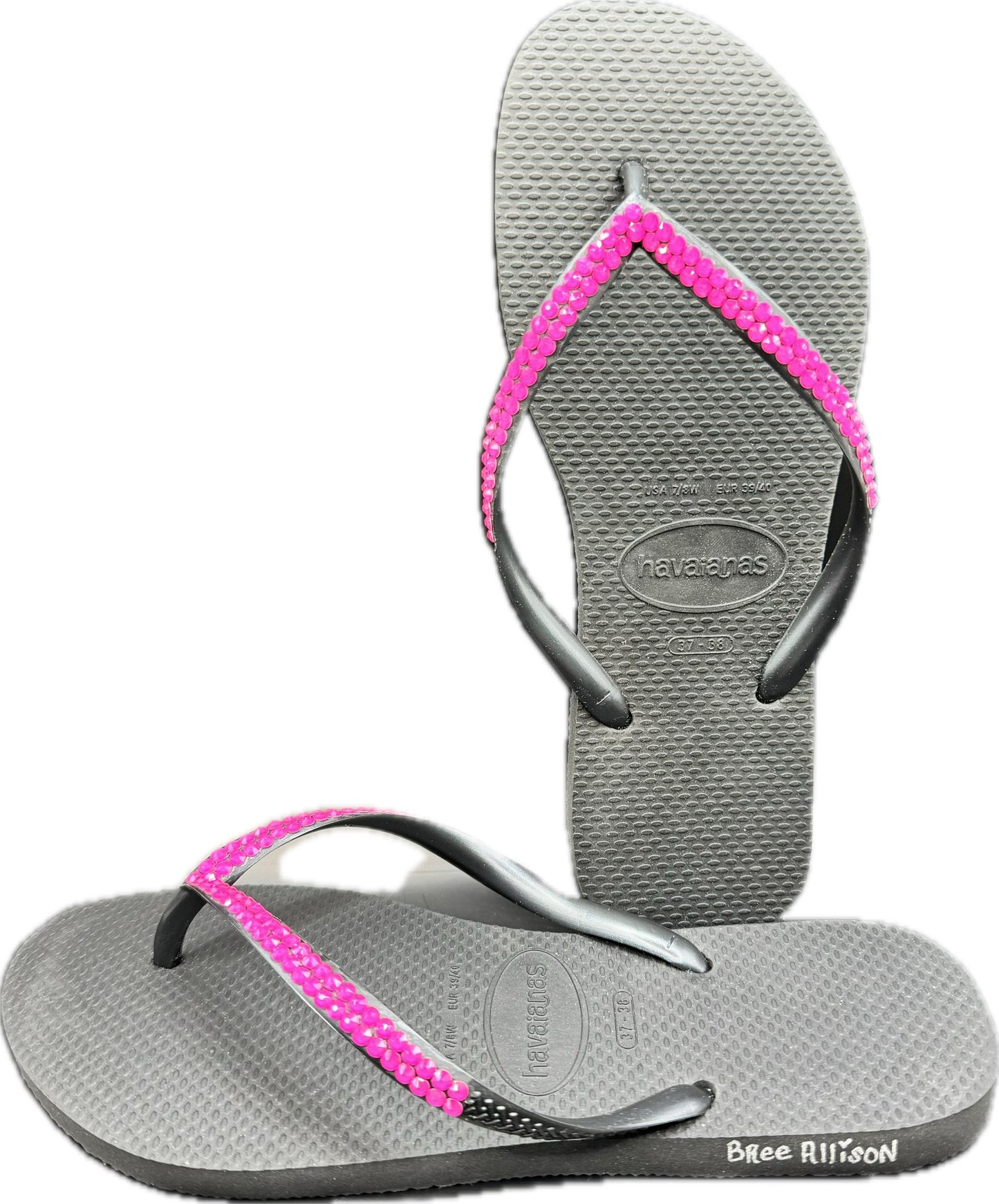 Slim Black Flip Flops | Electric Pink Crystals
