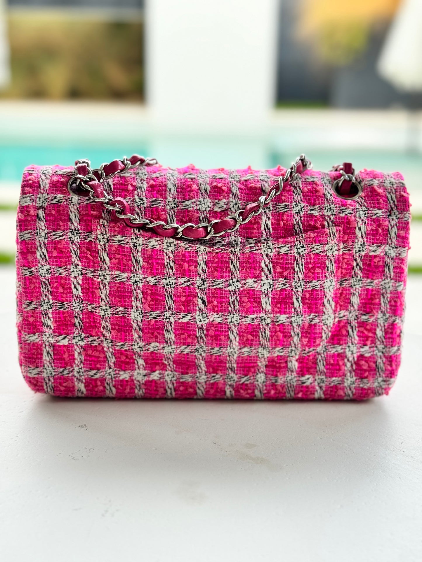 CHANEL Medium Double Flap Pink/Black/White Tweed (Pre-Loved)