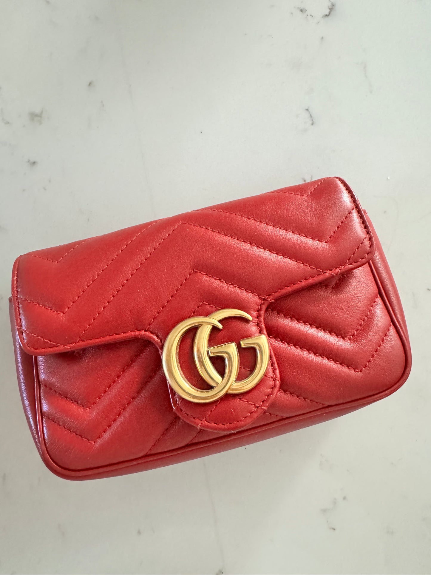 GUCCI Red Super Mini Marmont Matelasse Shoulder Bag with Brushed Gold Hardware (Pre-Loved)