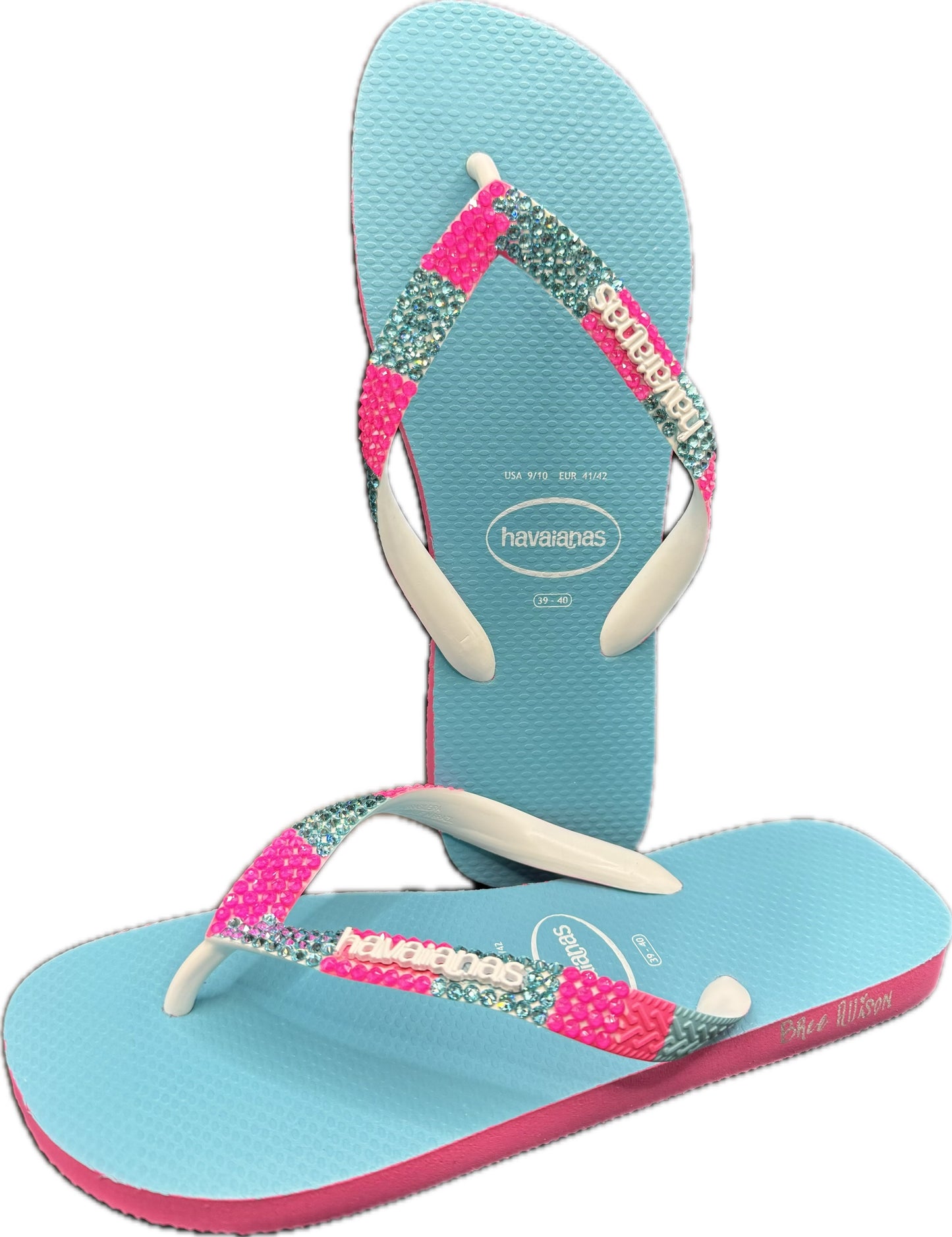 Top Turquoise & Pink Flip Flops | Electric Pink & Light Turquoise Crystals