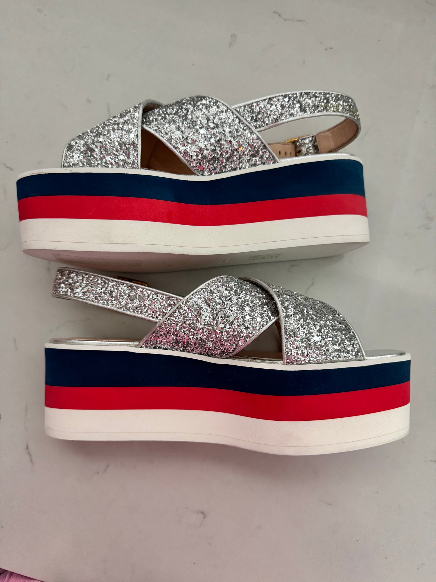 Gucci Women's Silver Glitter Slingback Platform (NWT Sandals Size: 7 (New)