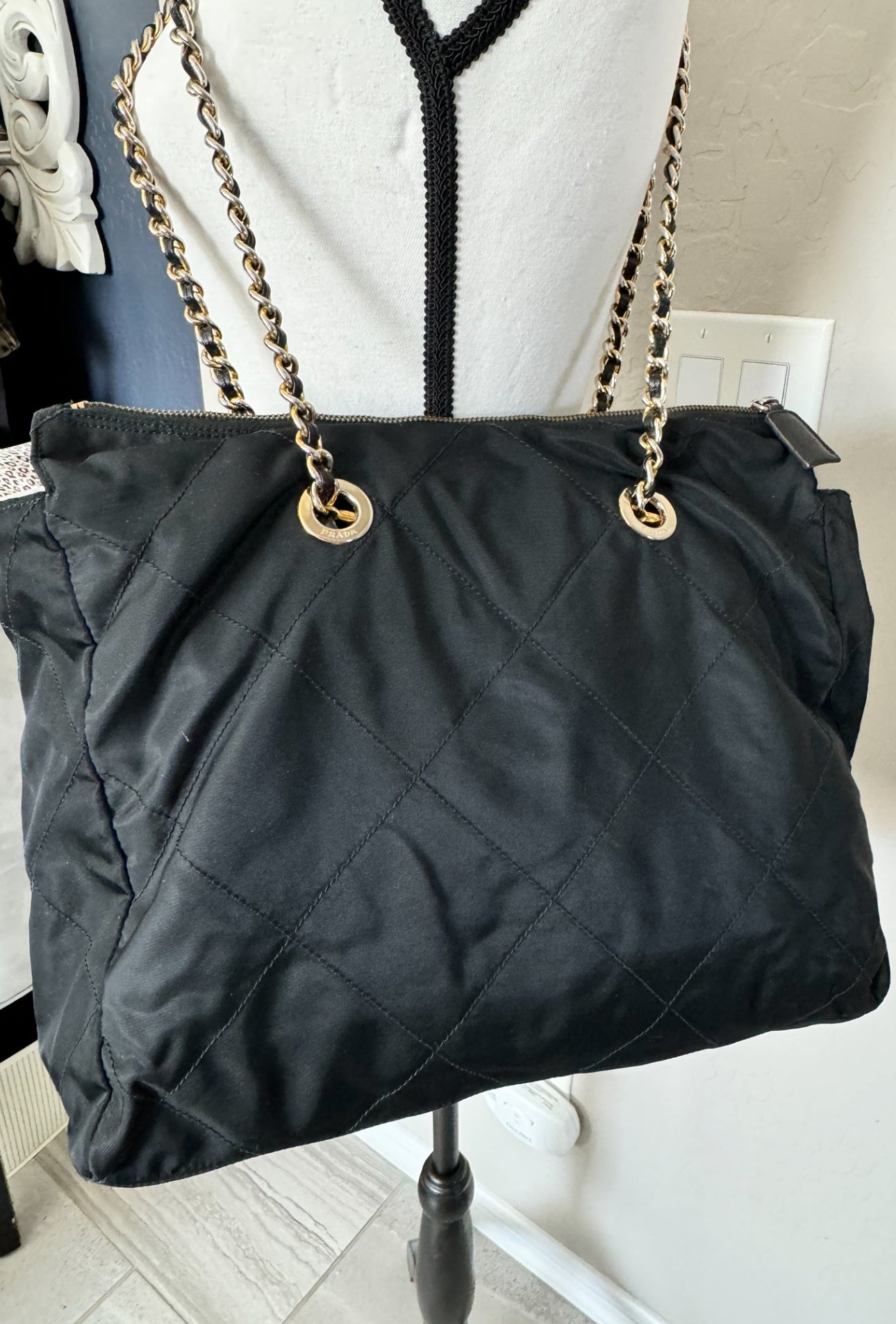 PRADA Black Nylon Tessuto Chain Shoulder Bag with Gold Hardware (Pre-Loved)