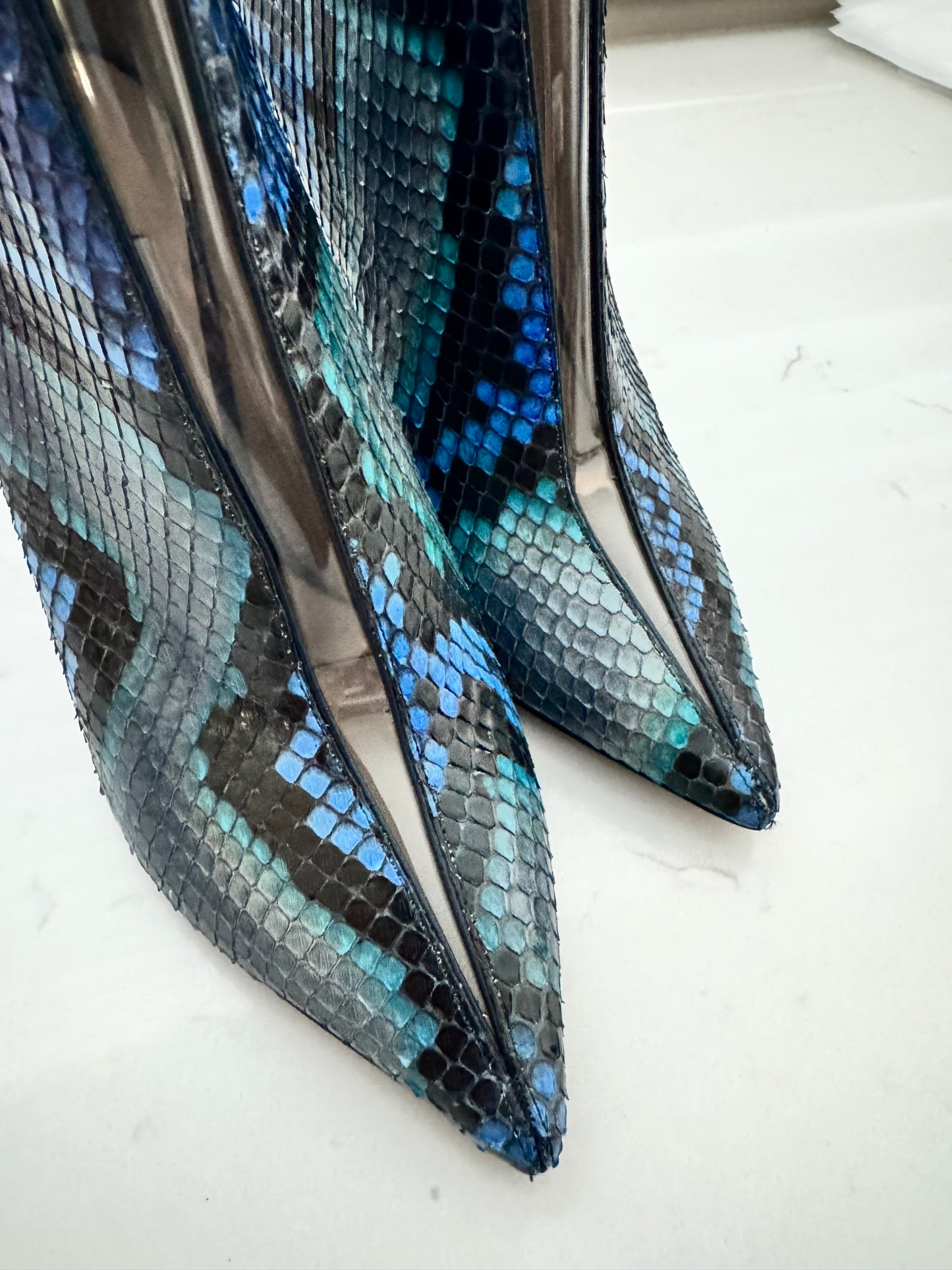 JIMMY CHOO Bowie 100 Python Booties with Plexi Insert Size: 37 (New)