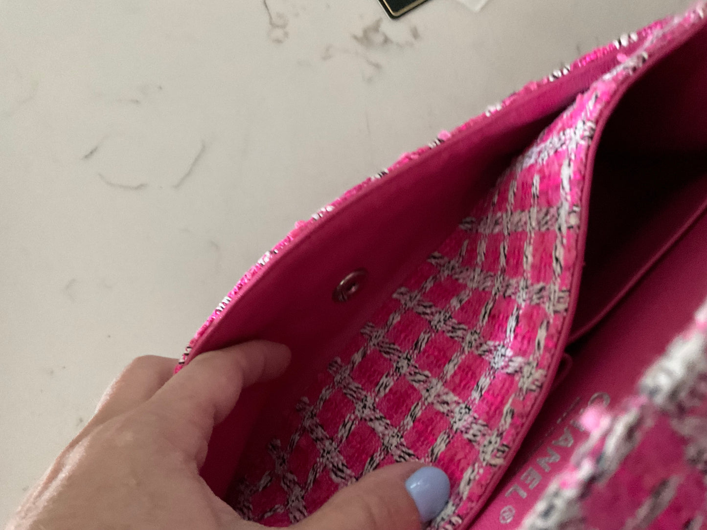 CHANEL Medium Double Flap Pink/Black/White Tweed (Pre-Loved)