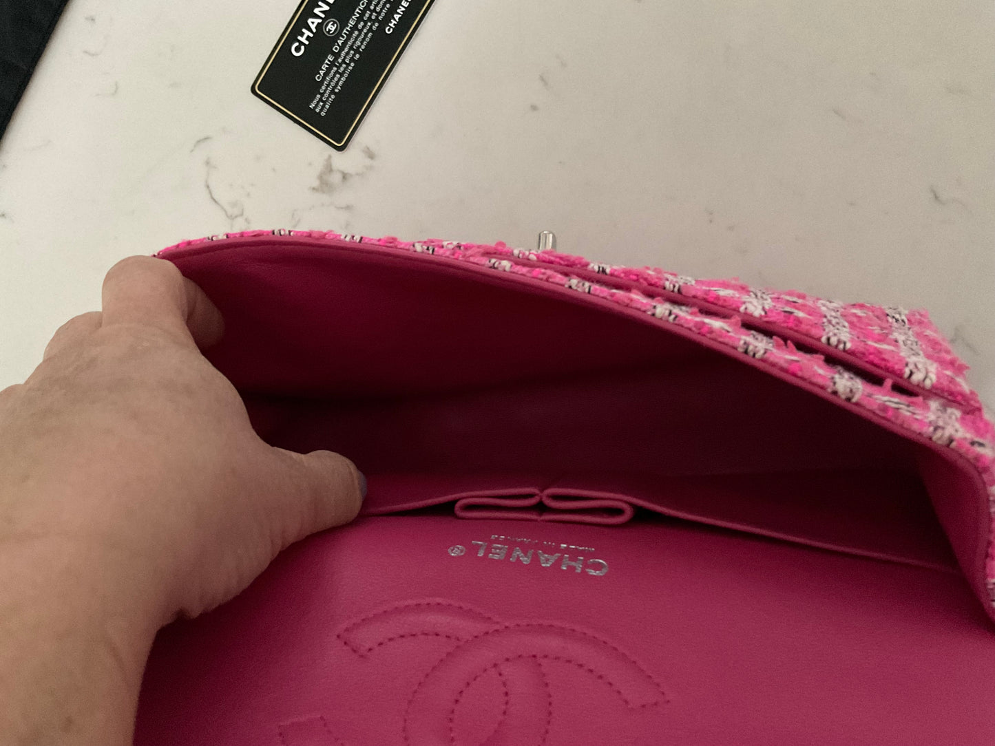 CHANEL Medium Double Flap Pink/Black/White Tweed (Pre-Loved)