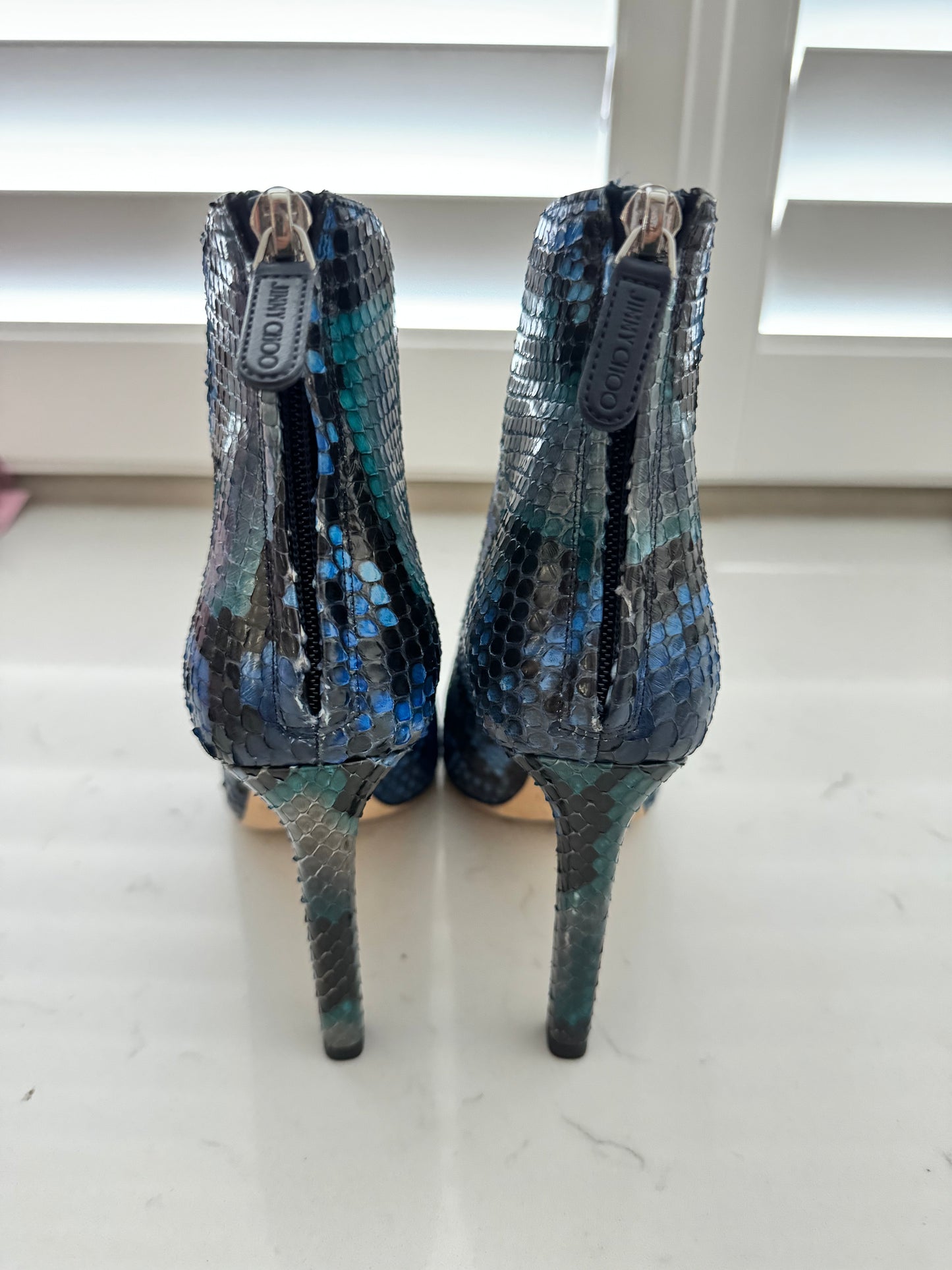JIMMY CHOO Bowie 100 Python Booties with Plexi Insert Size: 37 (New)