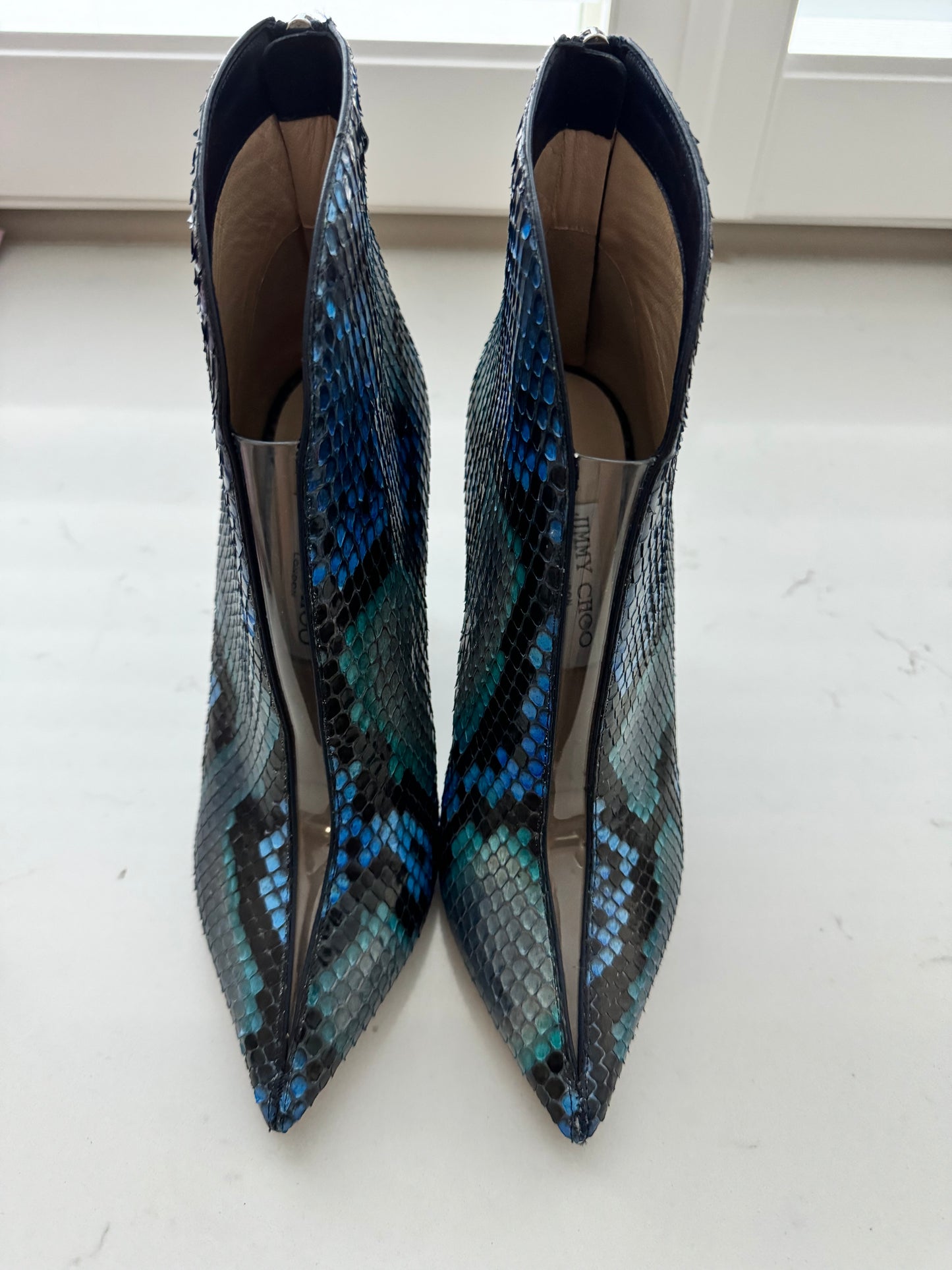 JIMMY CHOO Bowie 100 Python Booties with Plexi Insert Size: 37 (New)