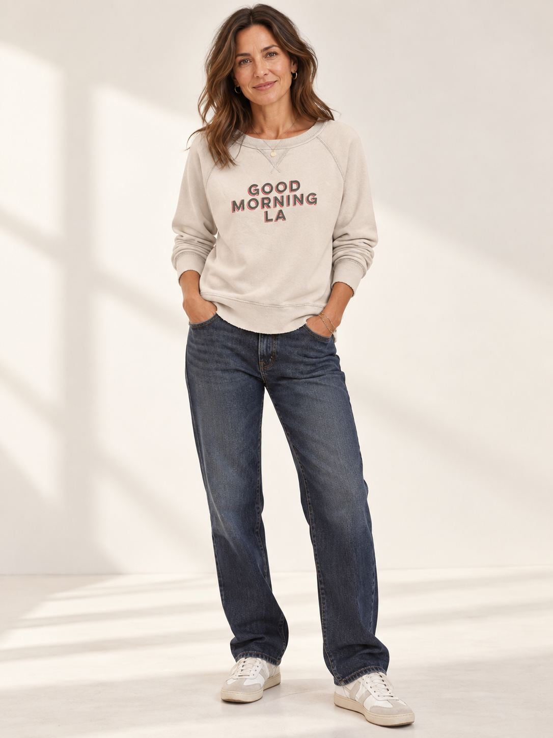 Nili Lotan Good Morning LA Graphic Sweatshirt | Cream | Size Large | MSRP $298
