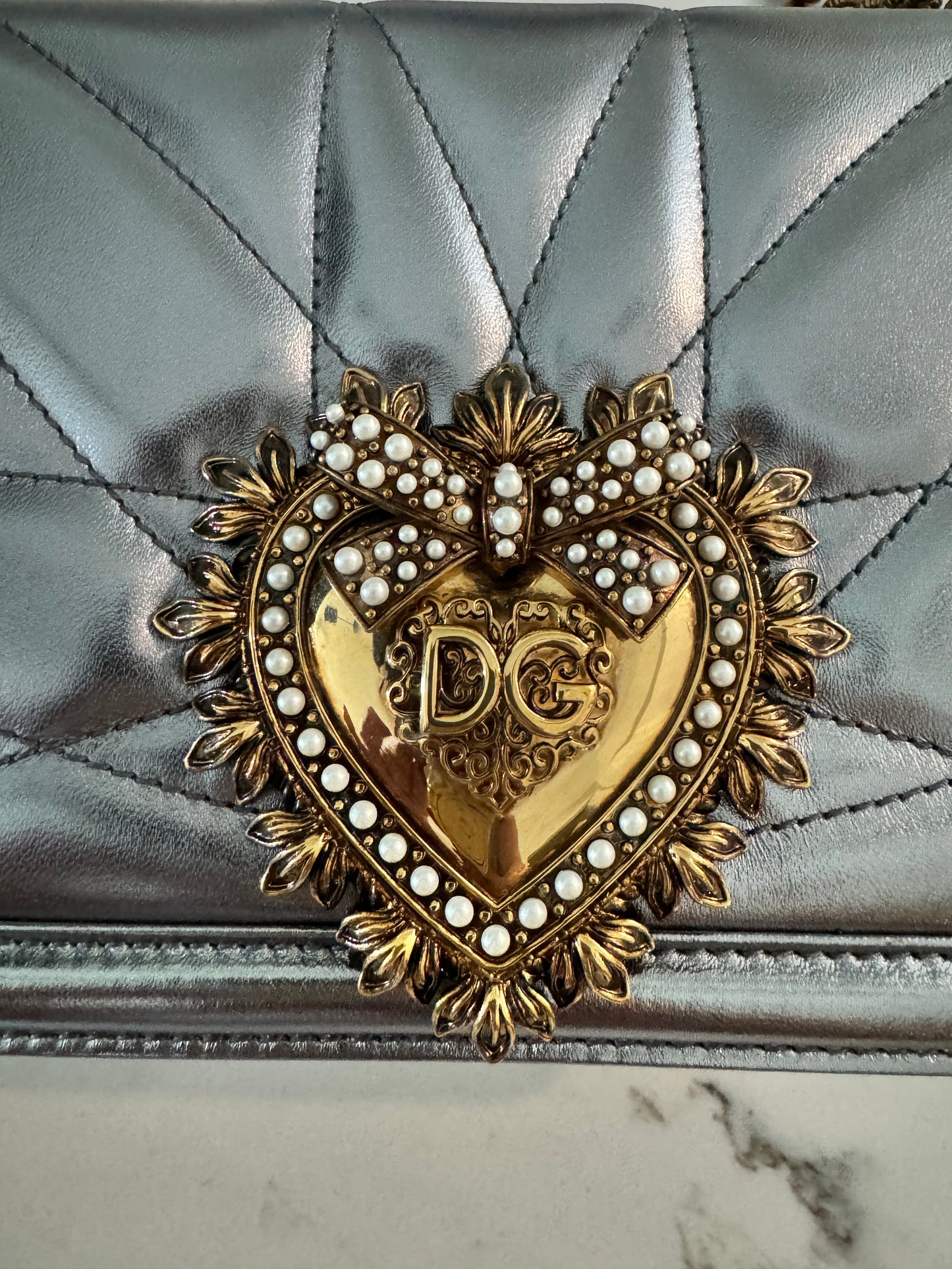 DOLCE & GABBANA Medium Devotion Cross-Body Bag in Metallic Grey (New Full Set)