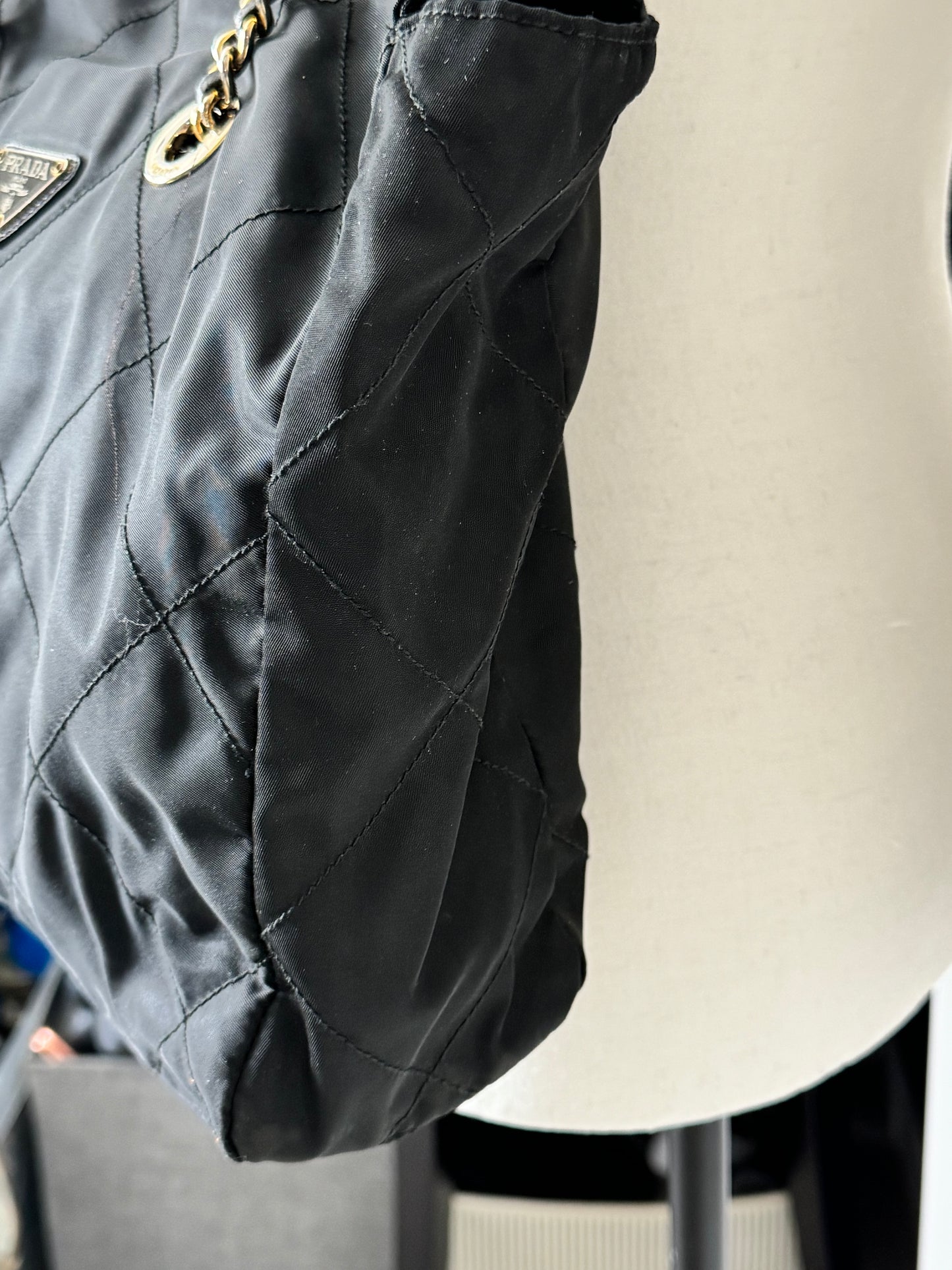 PRADA Black Nylon Tessuto Chain Shoulder Bag with Gold Hardware (Pre-Loved)