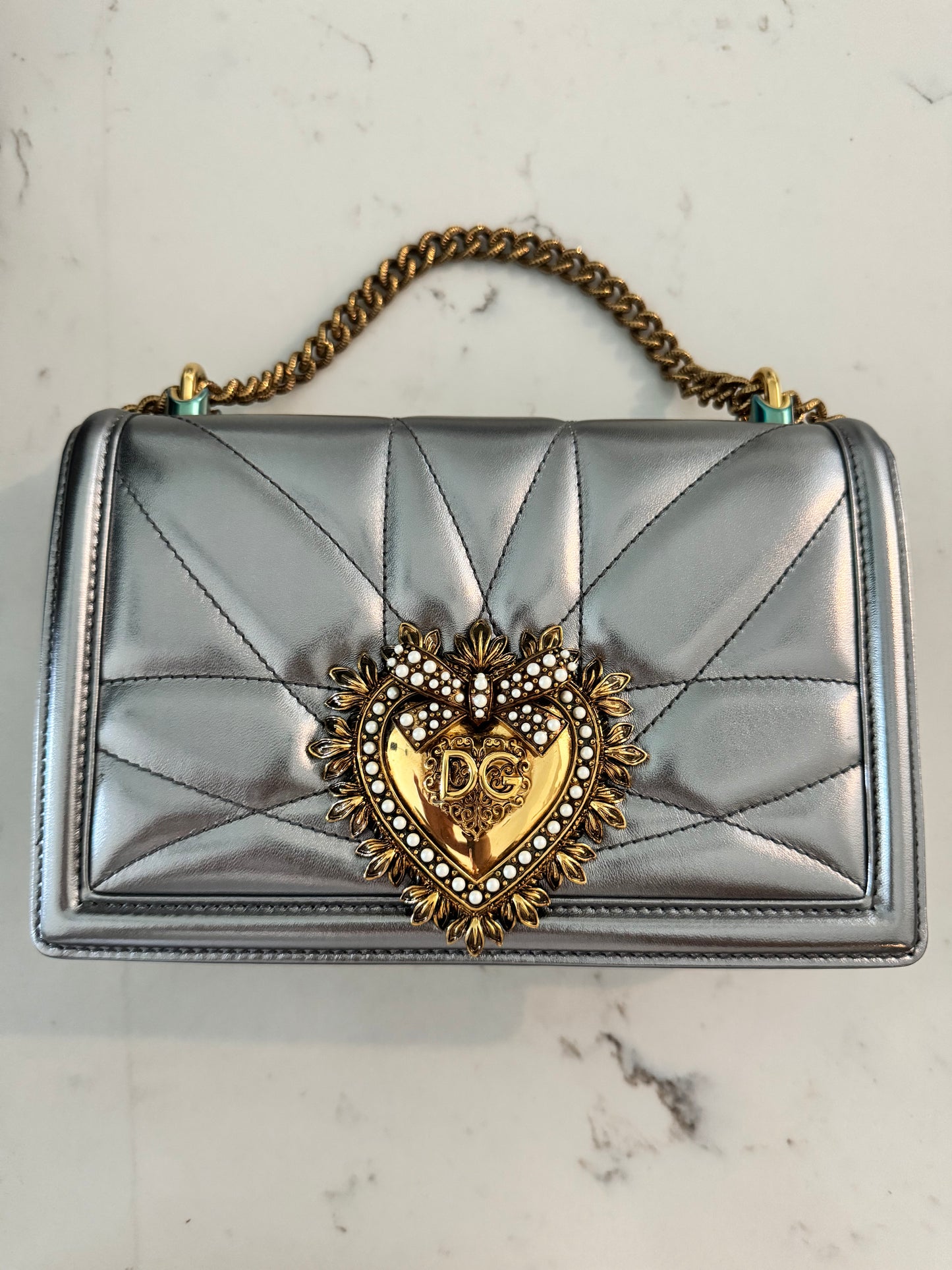 DOLCE & GABBANA Medium Devotion Cross-Body Bag in Metallic Grey (New Full Set)