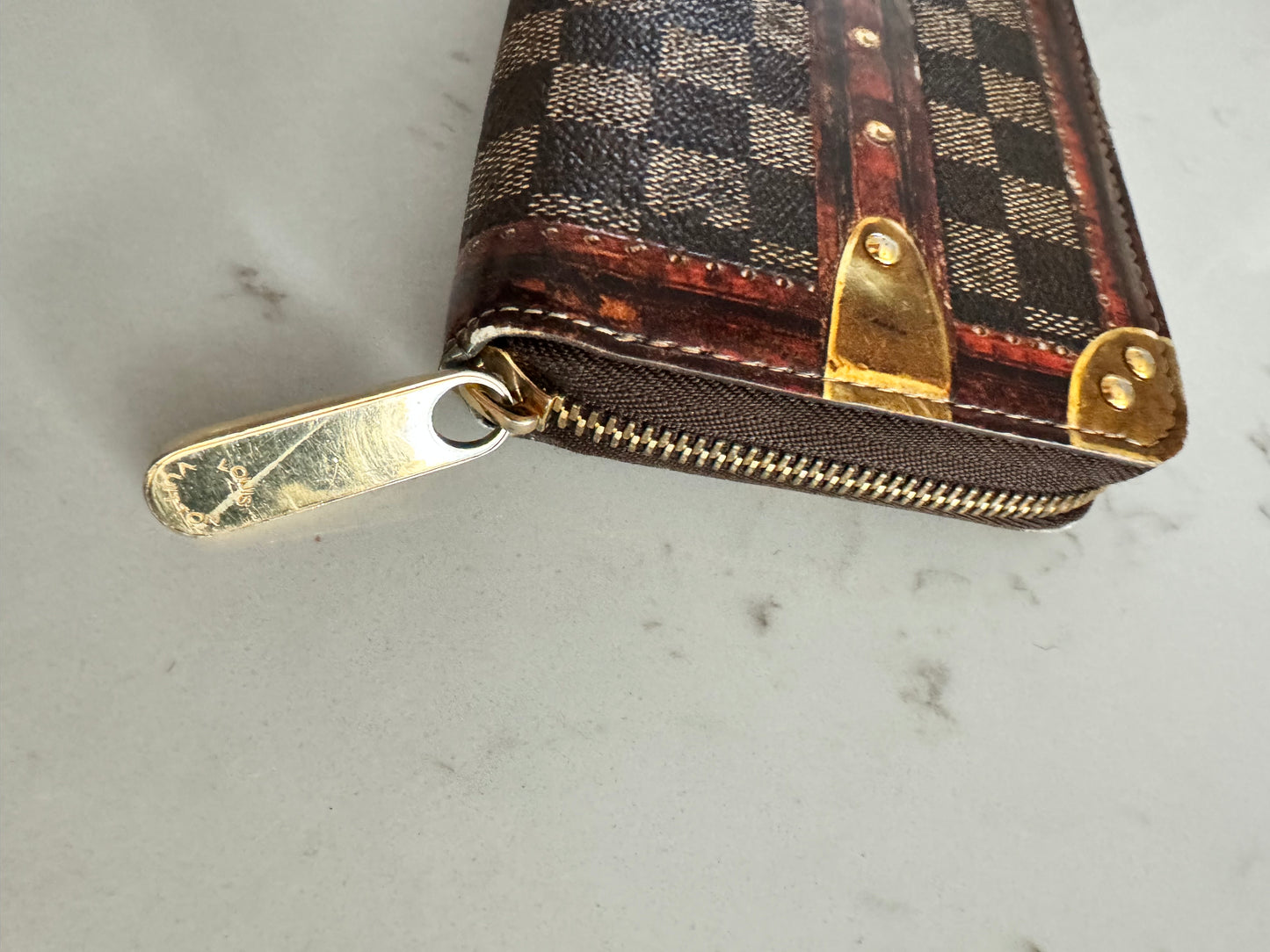 LOUIS VUITTON Time Trunk Damier Ebene Zippy Wallet Gold Hardware...SUPER RARE! (Pre-Loved)