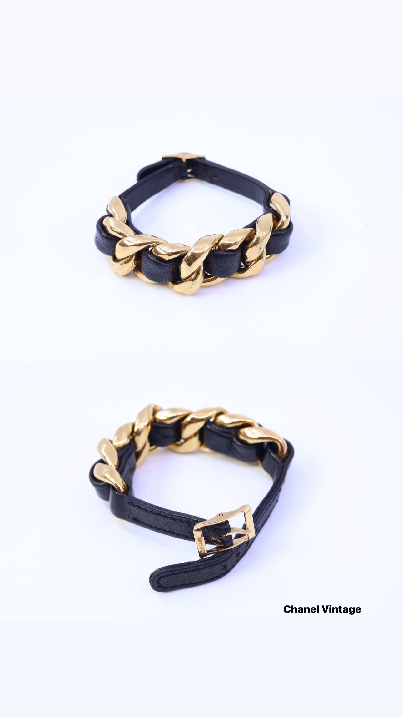 Chanel Vintage 80s Chain Link and Leather Bracelet
