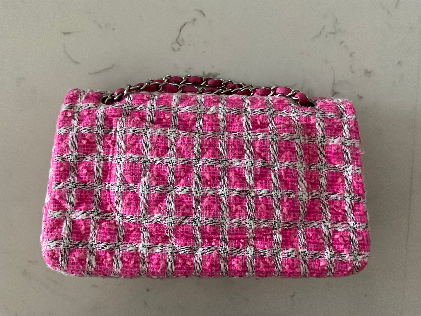 CHANEL Medium Double Flap Pink/Black/White Tweed (Pre-Loved)