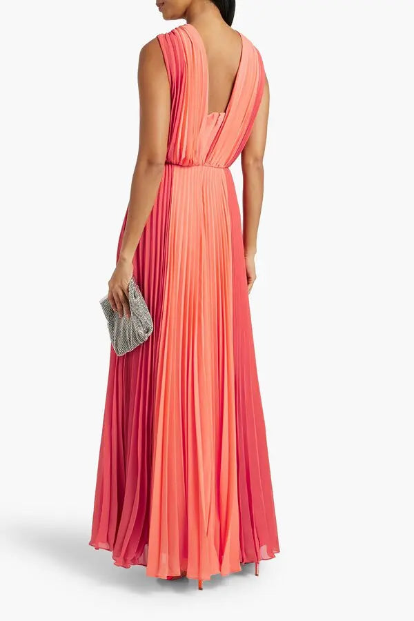 Mikael Aghal Pleated Two-Tone Chiffon Gown | Coral Pink | Size: 12 | NWT | $1080