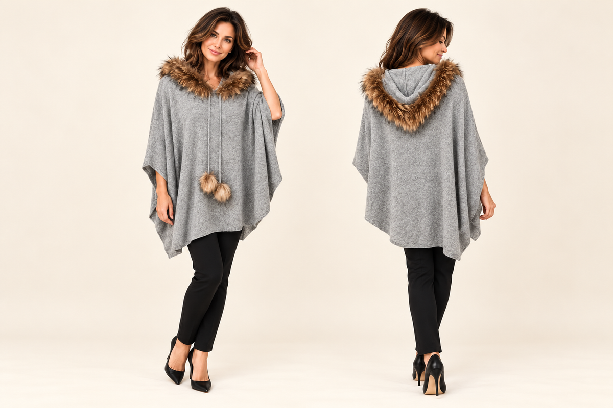 Minnie Rose Gray Cashmere Hooded Poncho with Removable Raccoon Fur Trim | One Size | NWT