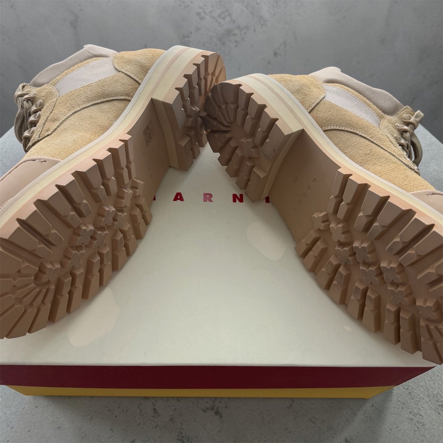 Marni Beige Suede Patchy Combat Boots Chunky Lug Sole Logo Toe Cap Size EU 44 | US 11 NIB
