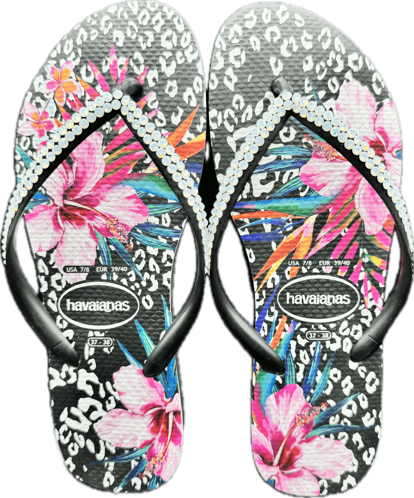Slim Animal Black Flip Flops | White Opal Crystals