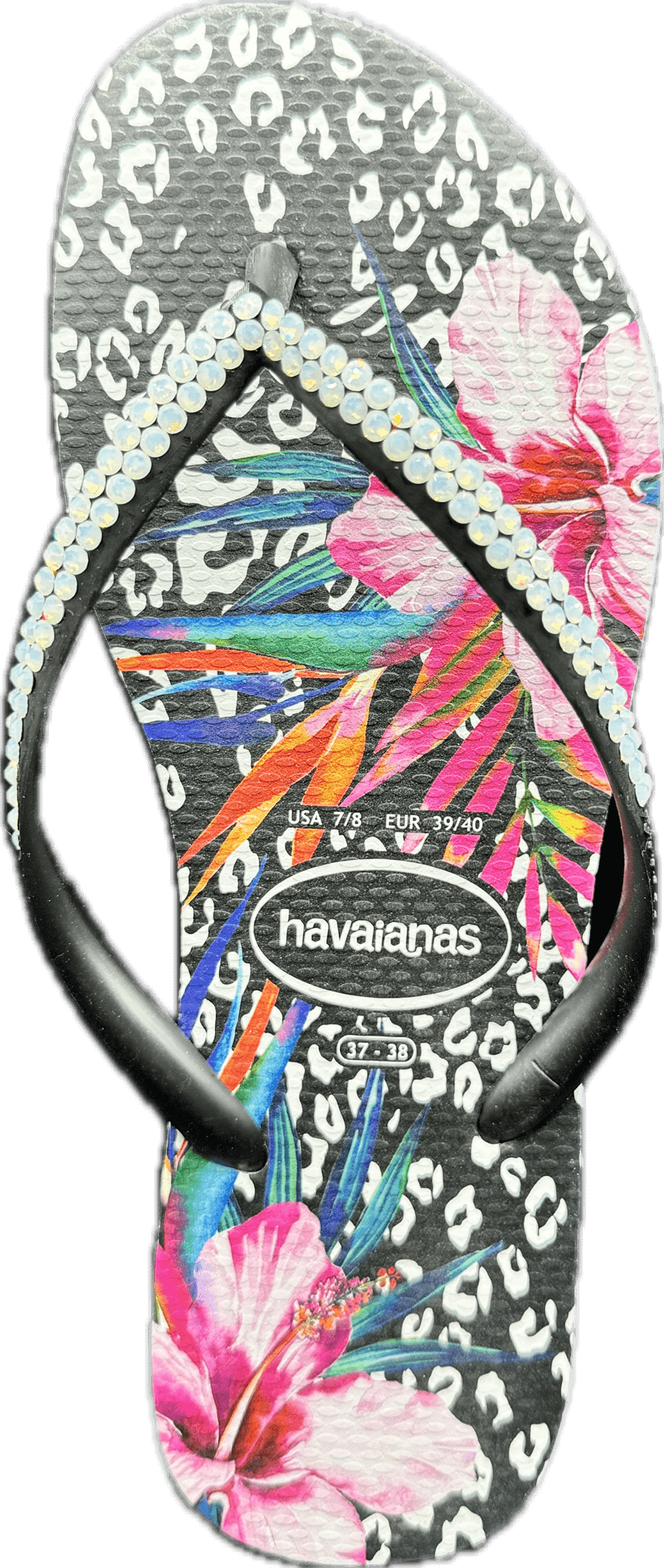 Slim Animal Black Flip Flops | White Opal Crystals