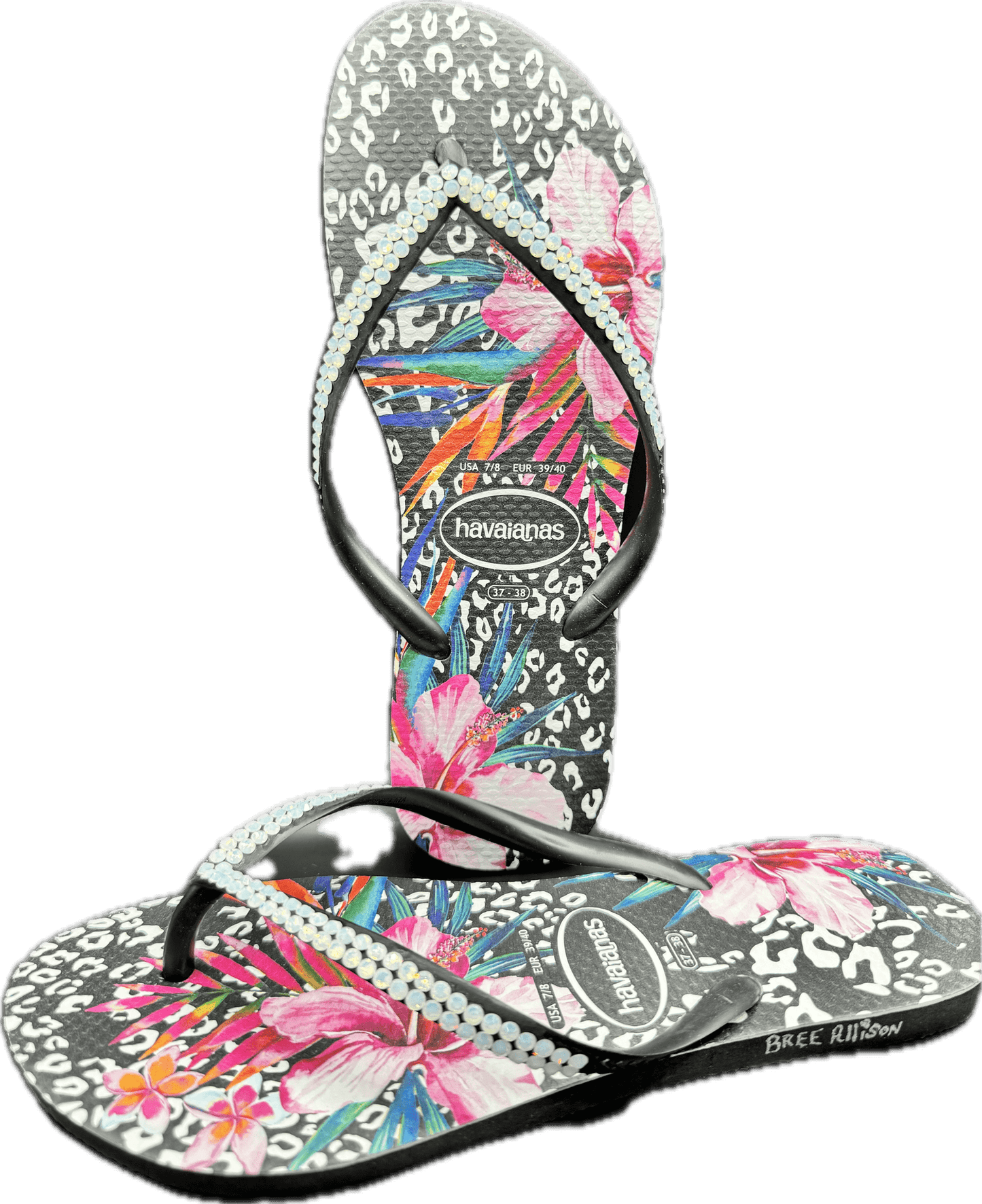 Slim Animal Black Flip Flops | White Opal Crystals